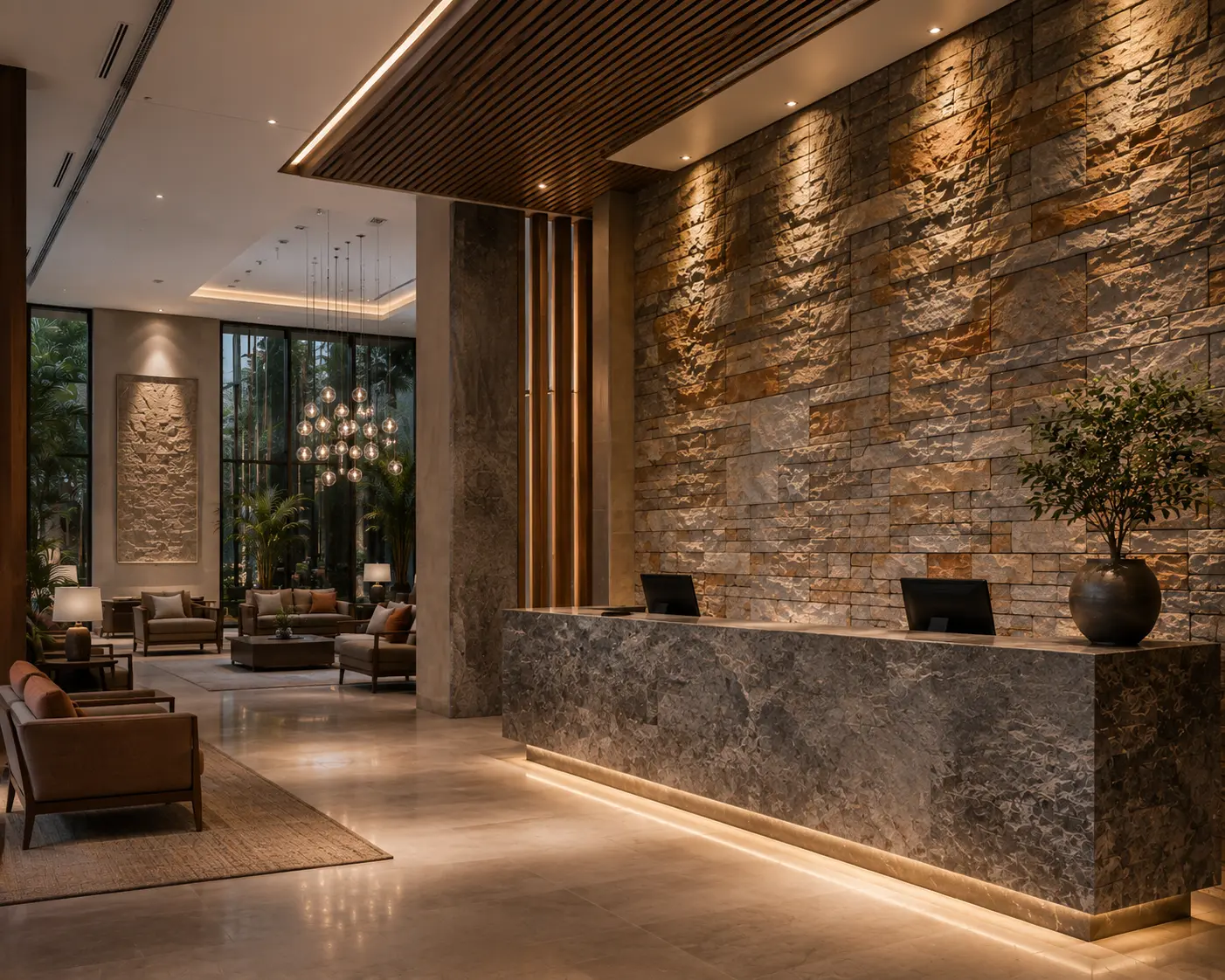 Luxury hotel lobby with natural stone wall cladding and reception desk