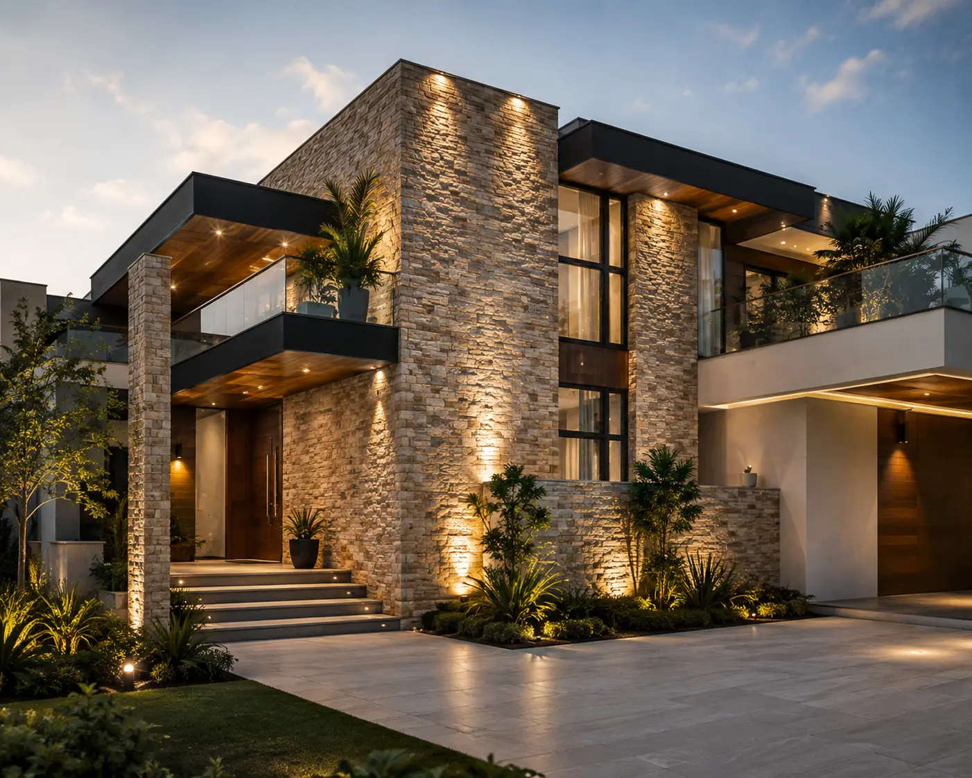 Luxury villa exterior with natural stone cladding and modern elevation