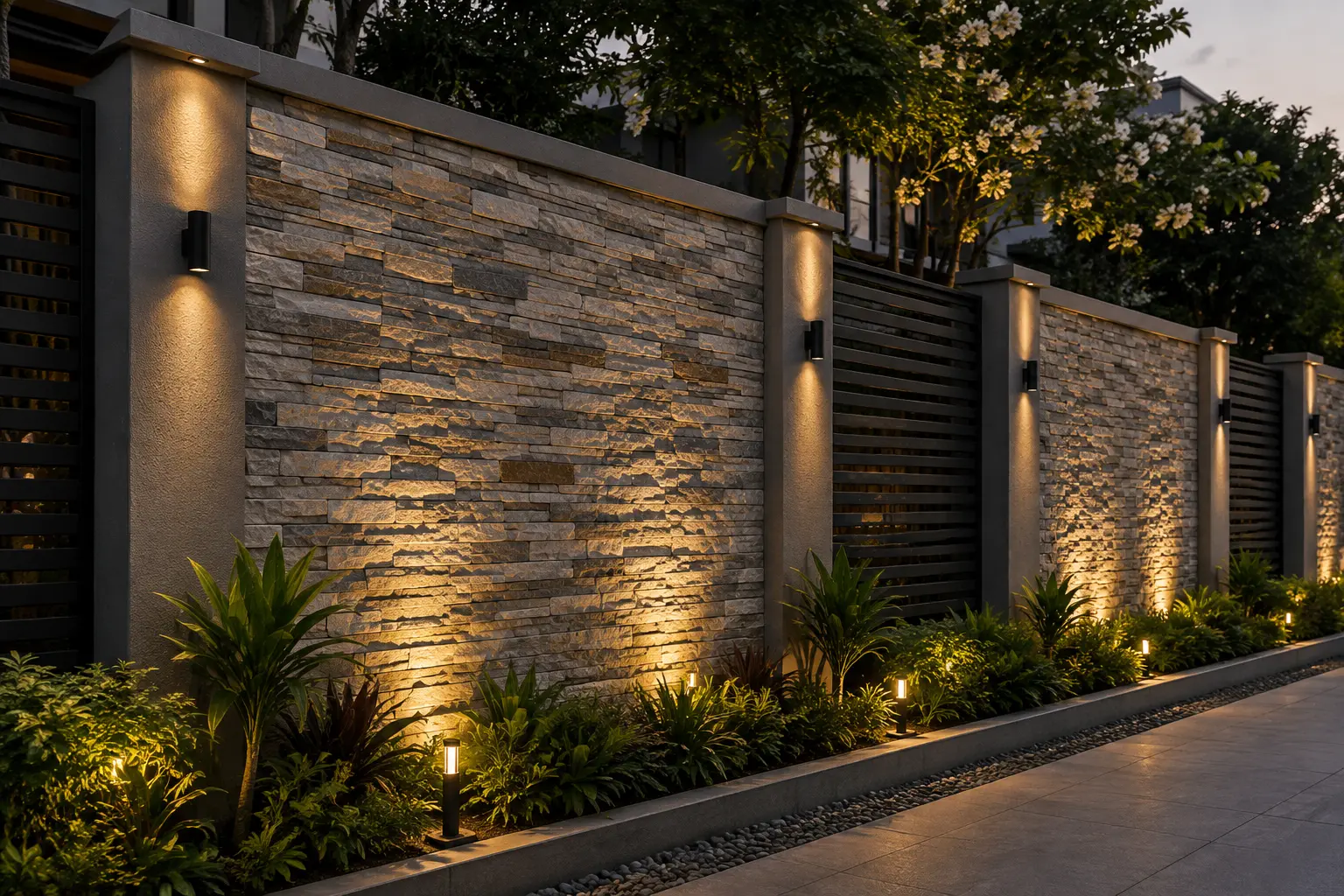 Modern boundary wall with natural stone cladding and landscape lighting