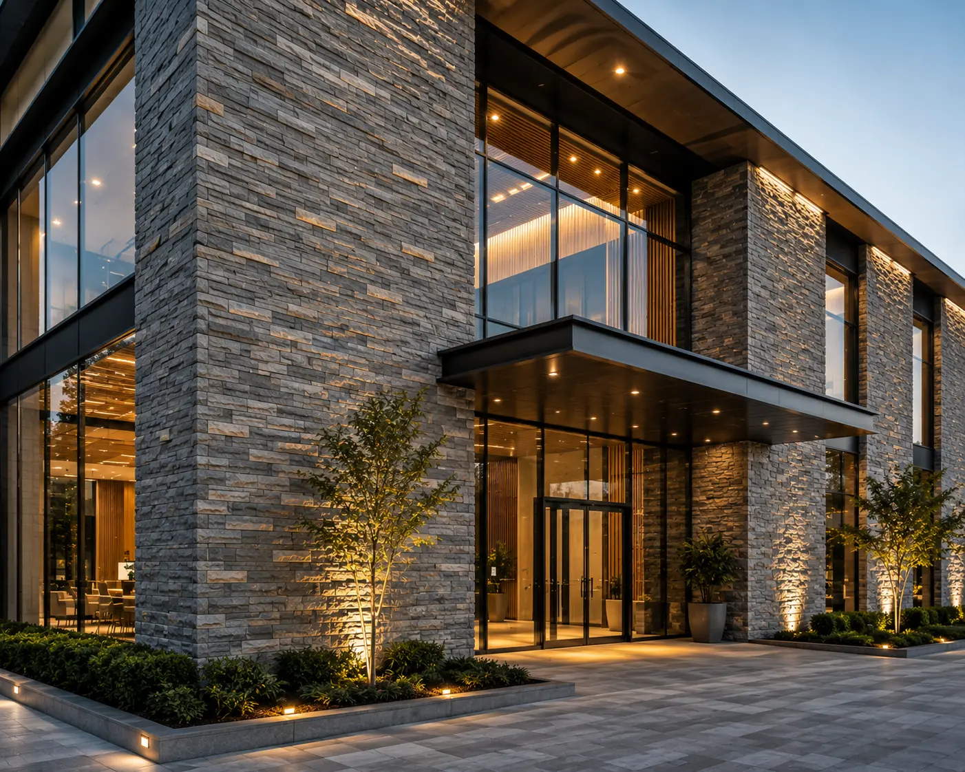 Modern commercial building exterior with natural stone cladding