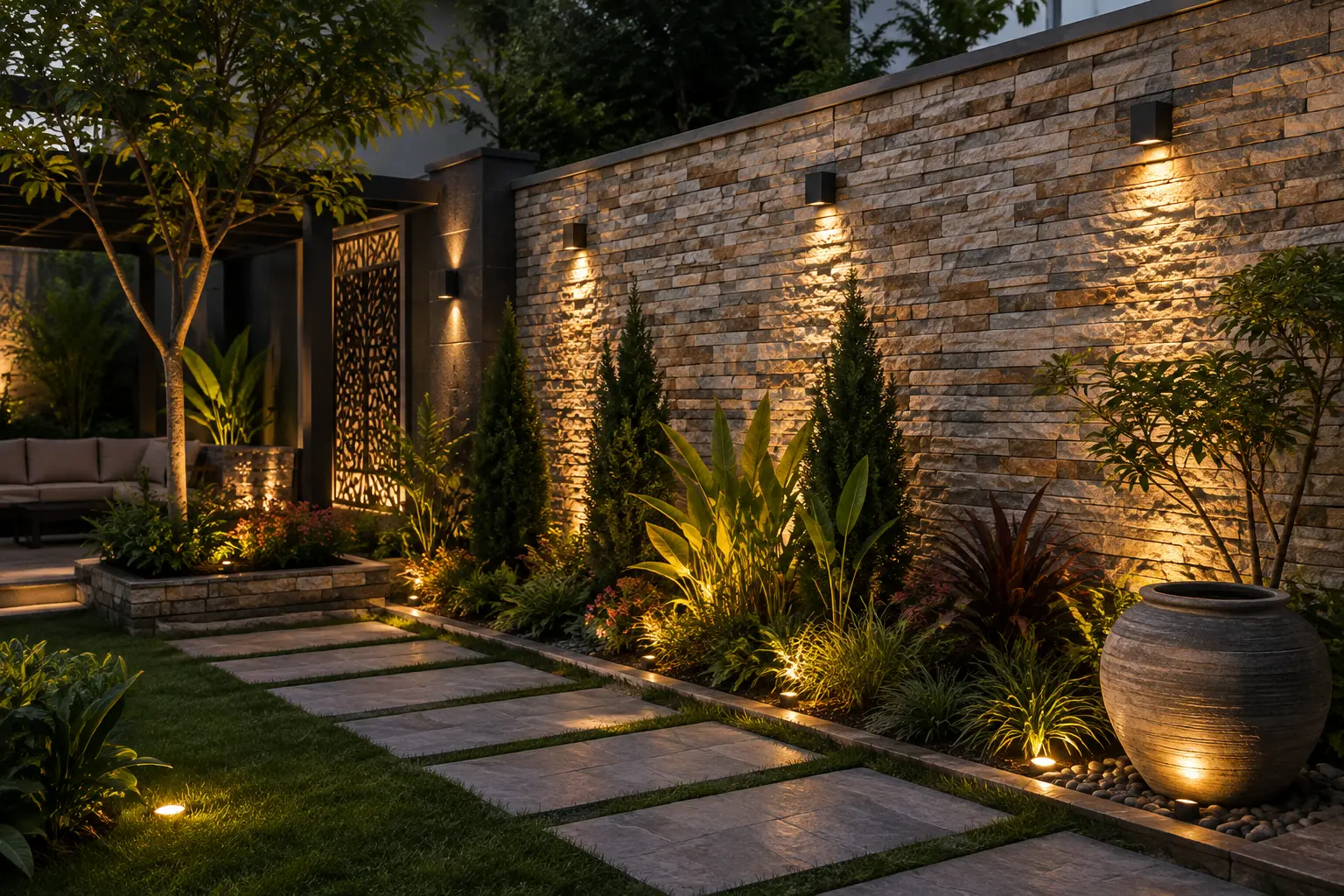 Modern garden landscape with natural stone feature wall and outdoor lighting