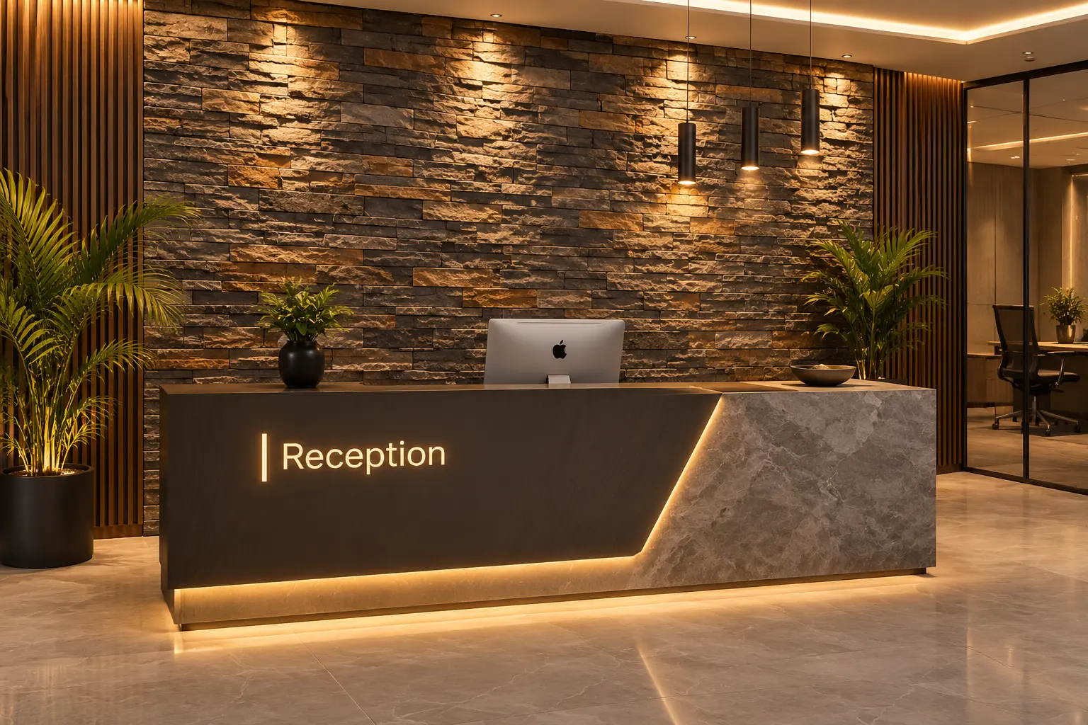 Modern office reception with natural stone feature wall and marble reception desk