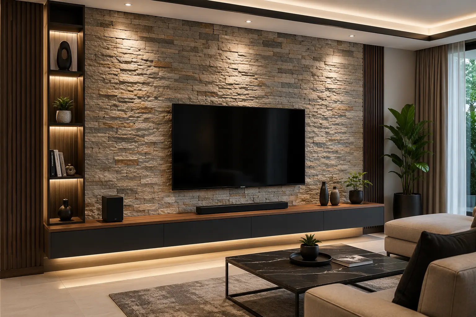 Modern TV unit wall with natural stone cladding and warm lighting