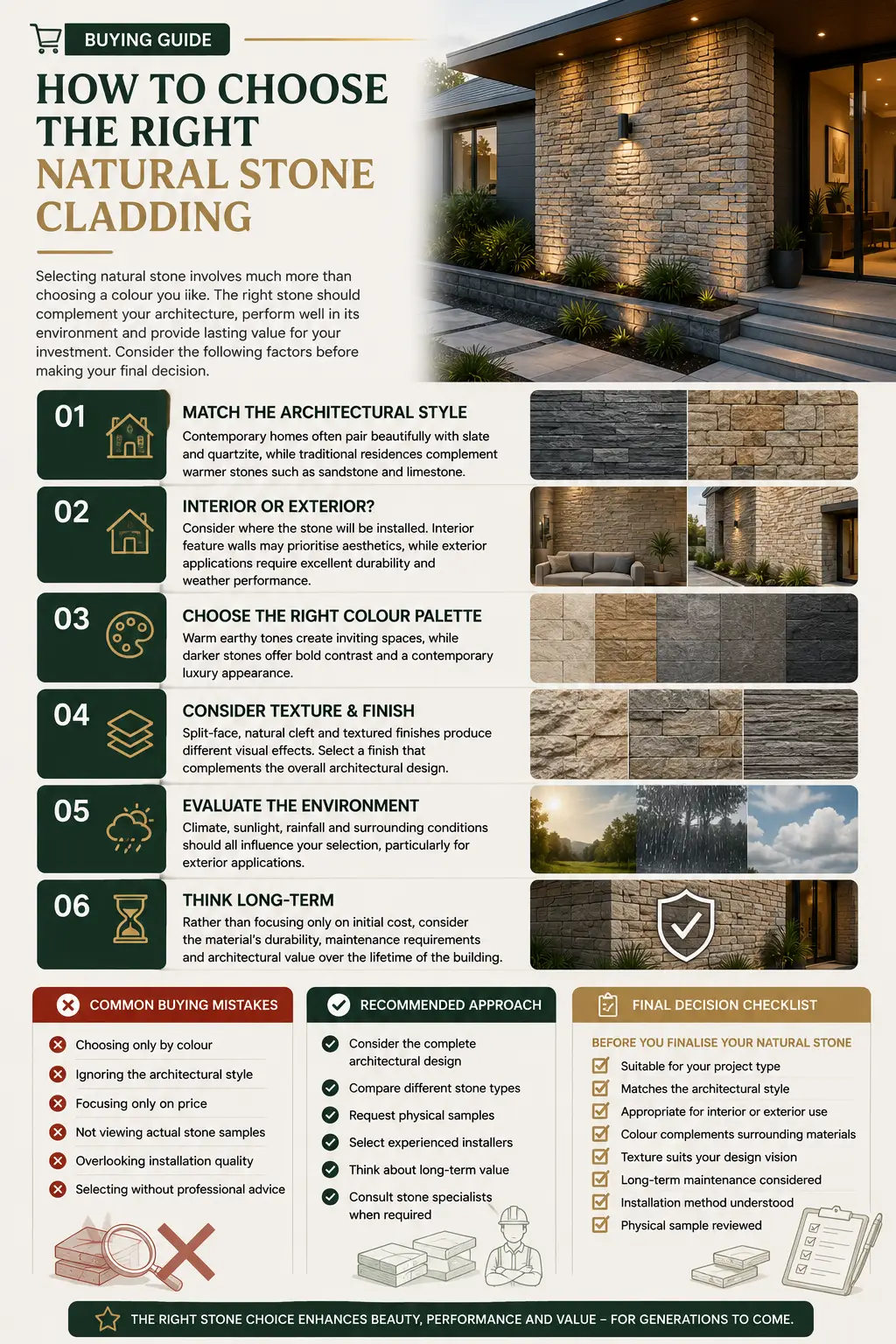 Natural stone cladding buying guide showing stone selection, colour, texture and installation considerations
