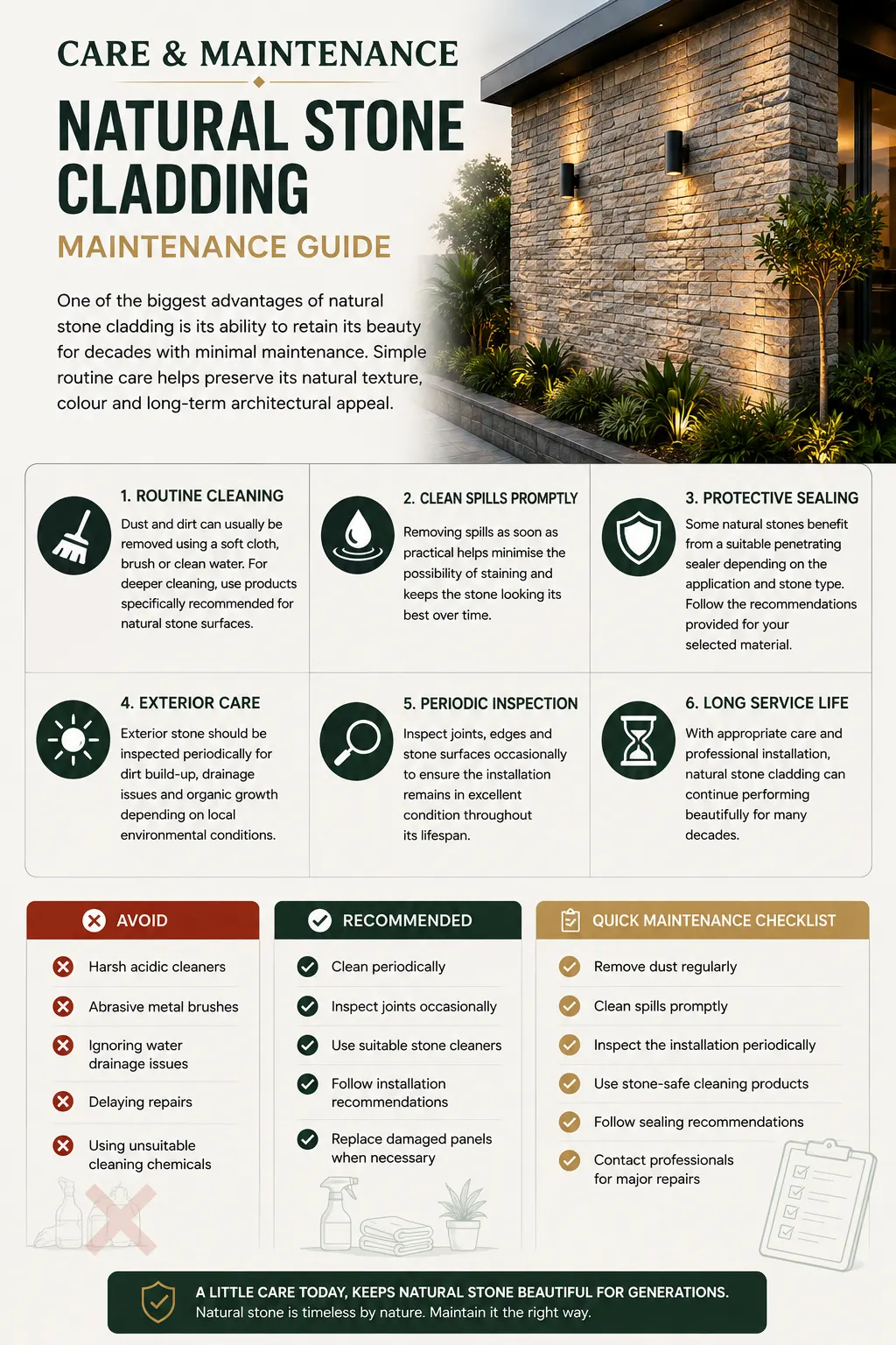 Natural stone cladding care and maintenance guide with cleaning and sealing tips