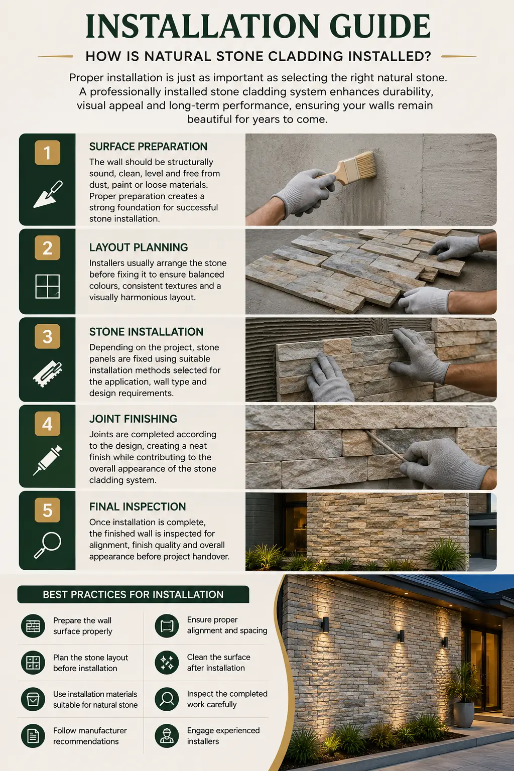 Natural stone cladding installation guide showing surface preparation and stone installation steps