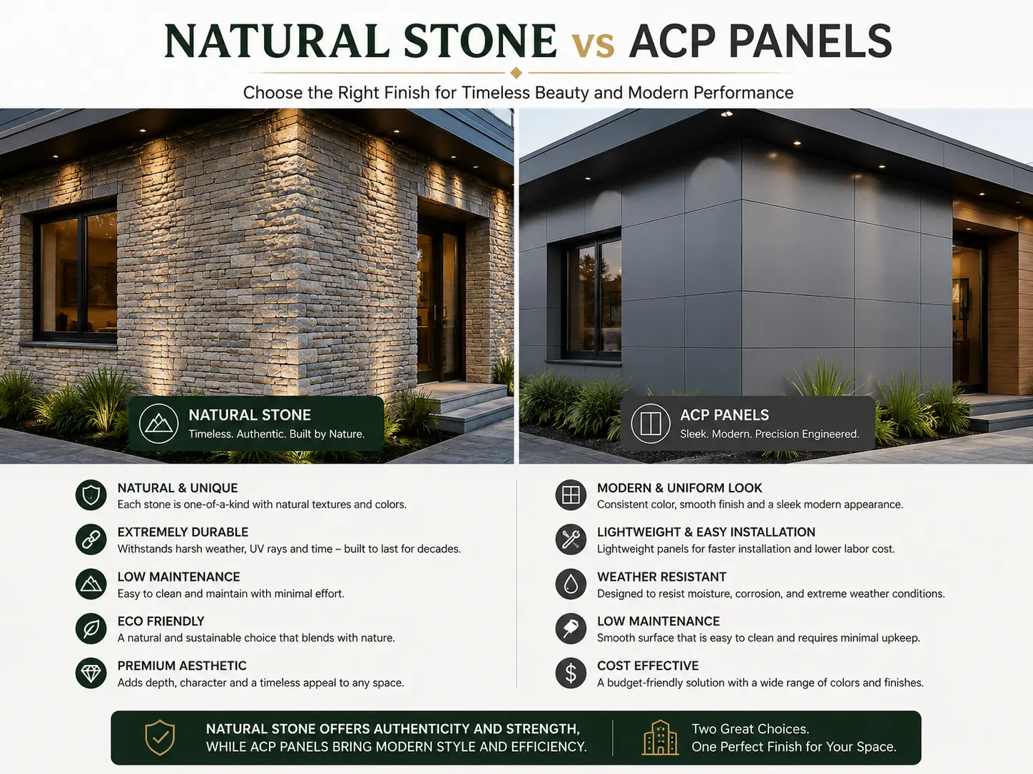 Natural stone cladding compared with ACP panels for exterior building design