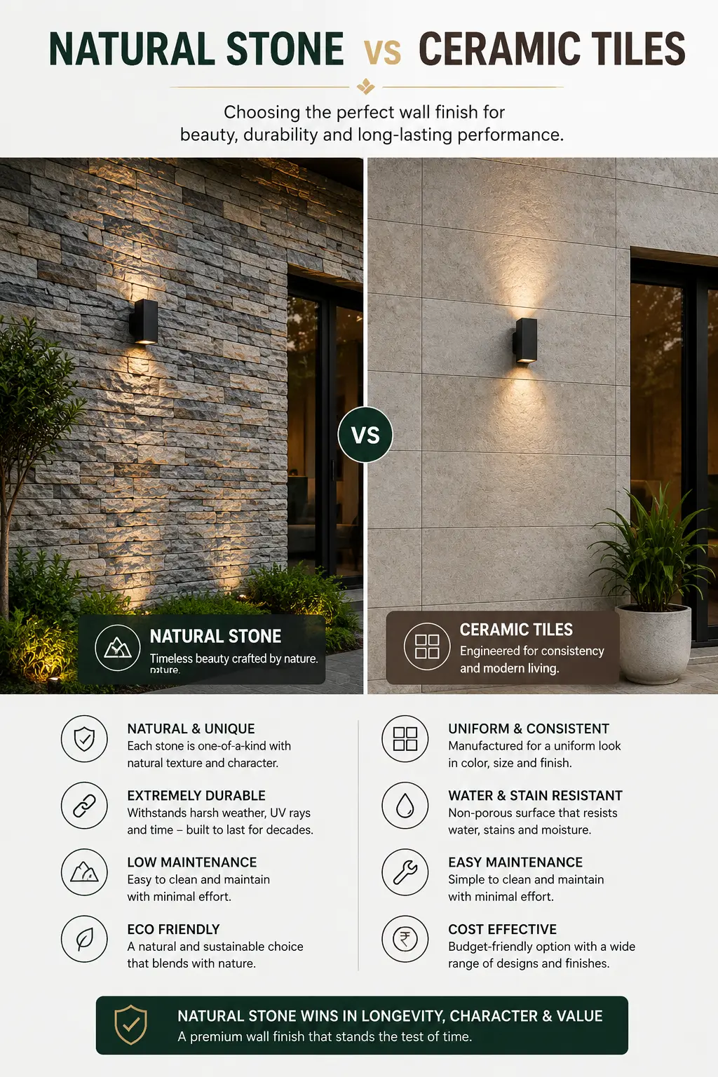 Natural stone cladding compared with ceramic tiles for exterior walls