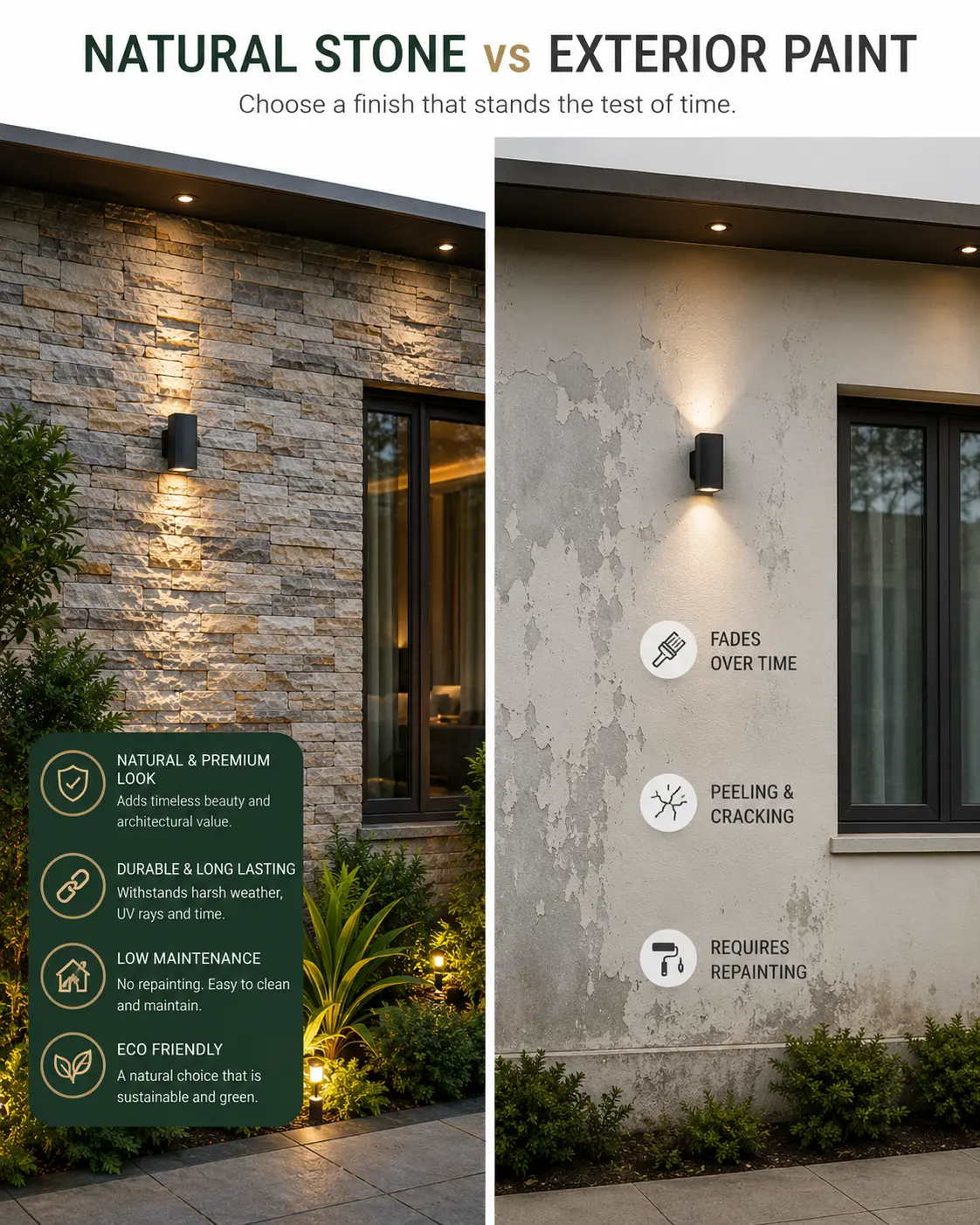 Natural stone cladding compared with exterior paint for building walls