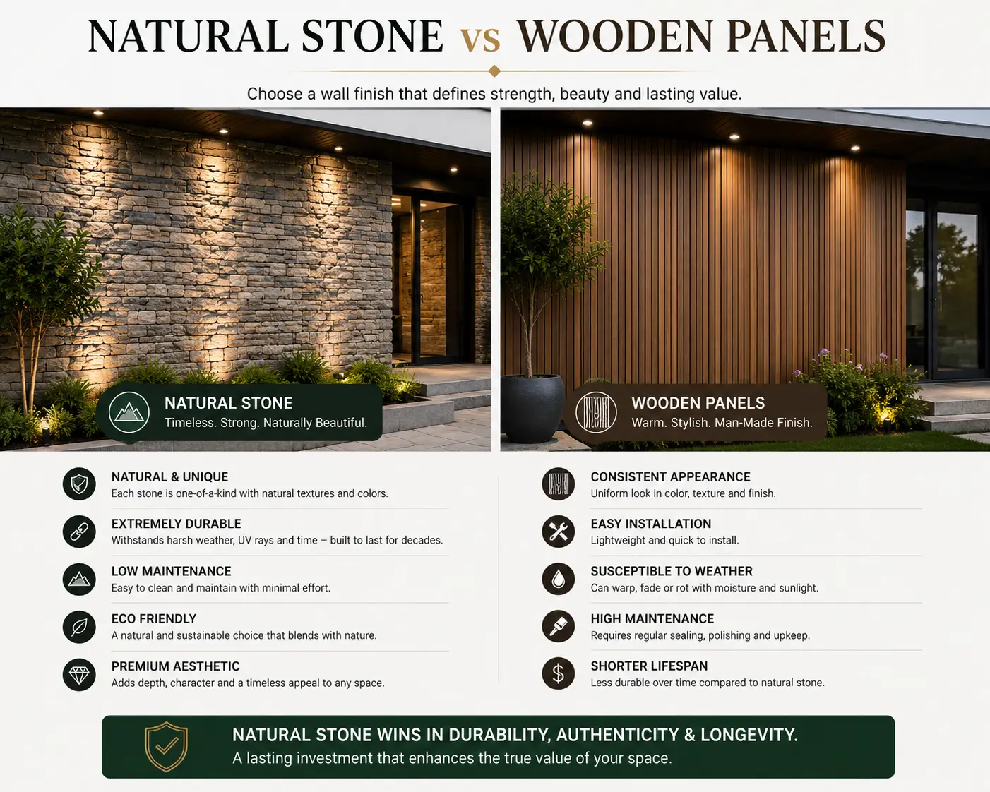 Natural stone cladding compared with wooden wall panels for exterior design