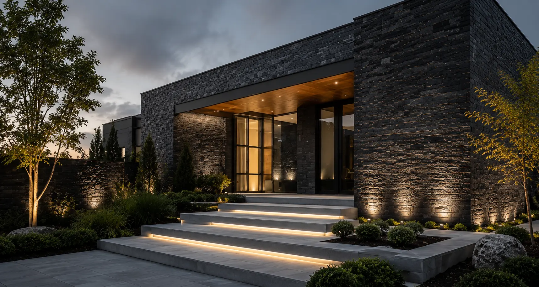 Natural stone wall cladding for a modern residential exterior
