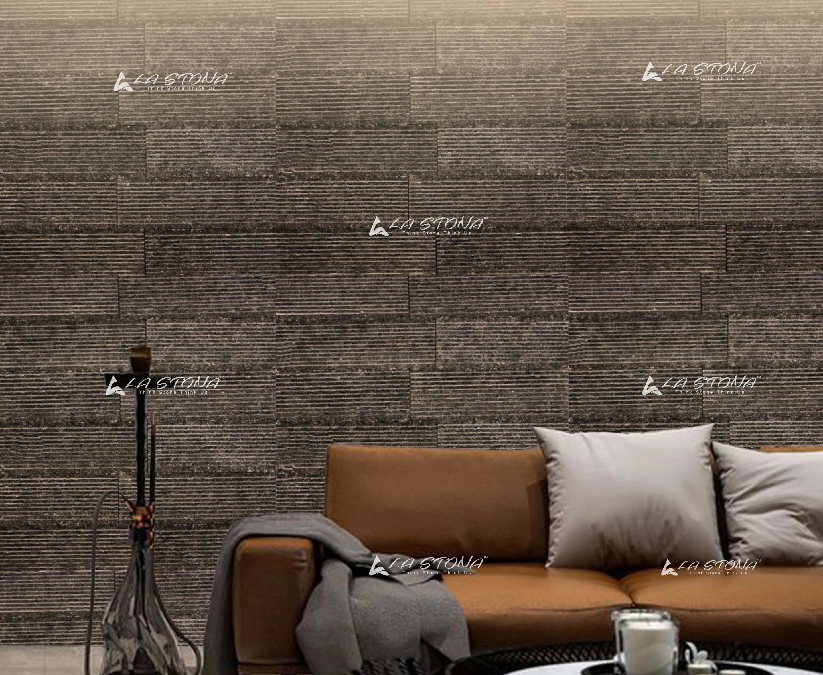CARBON BLACK natural stone cladding with horizontal grooved charcoal texture
