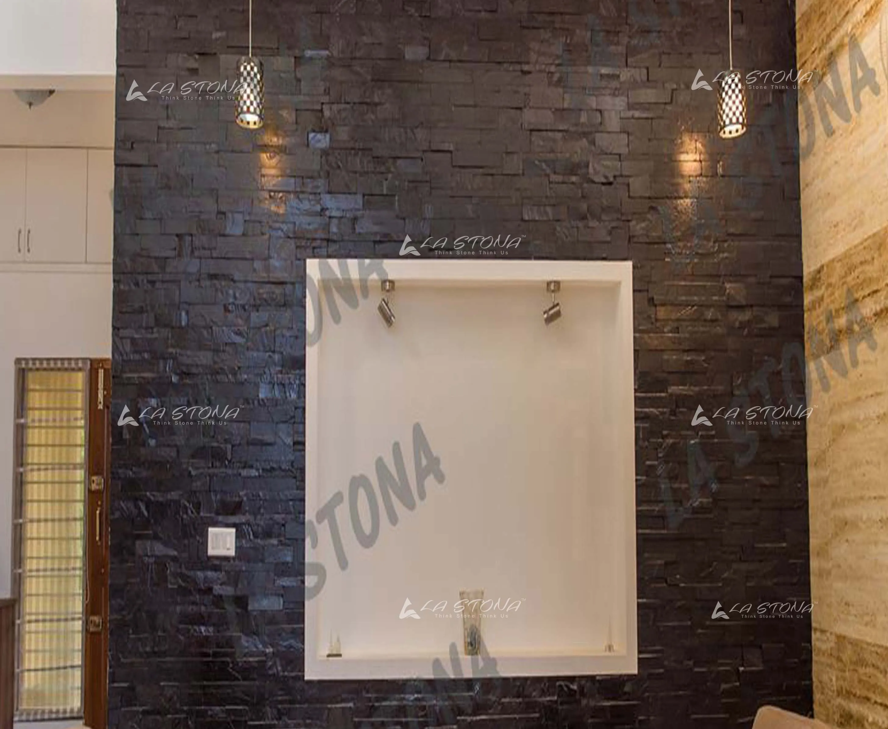 CHARCOAL BLACK stacked natural stone cladding in deep charcoal tones
