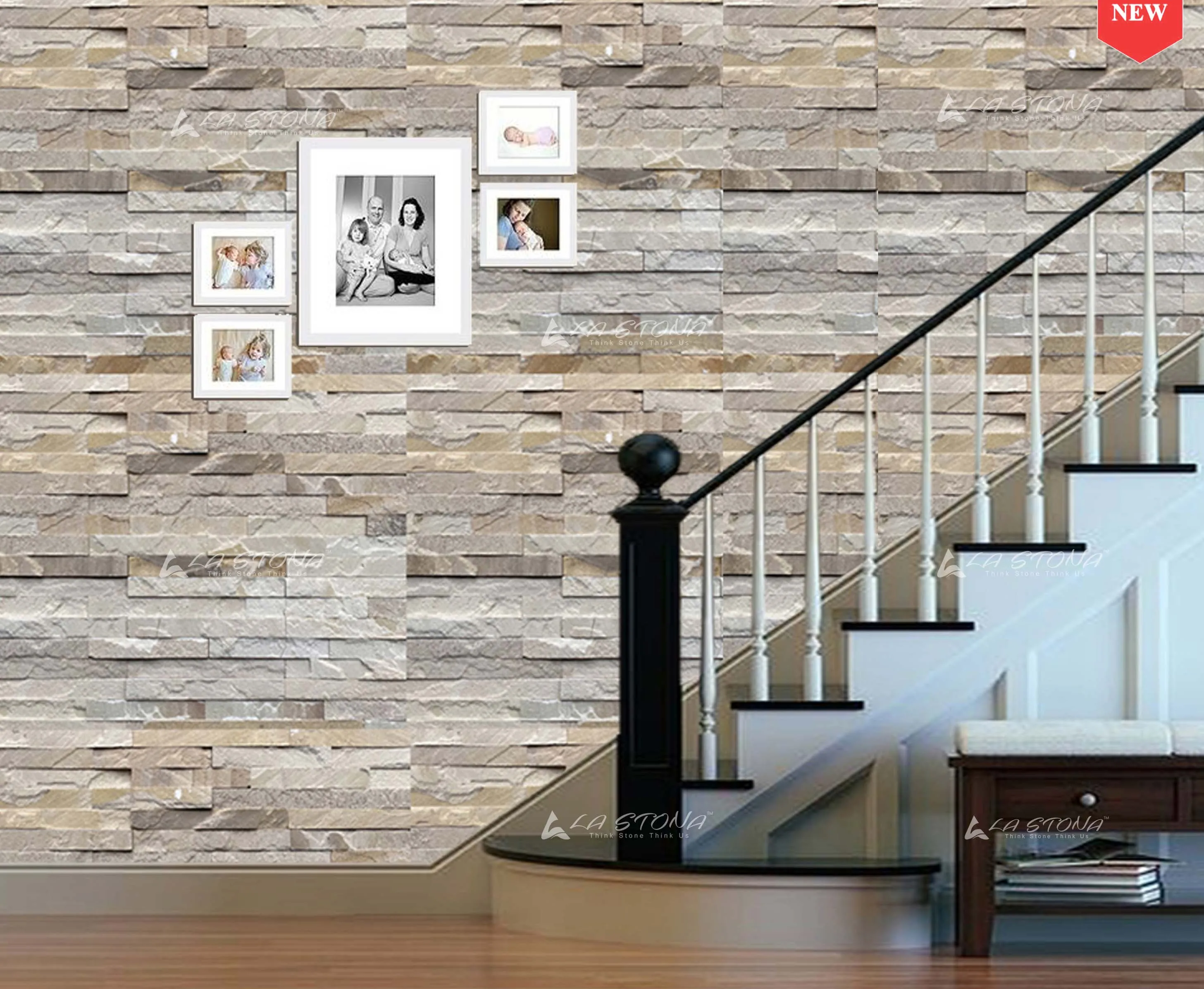 MINT NATURAL stacked natural stone cladding in soft cream and sandstone tones