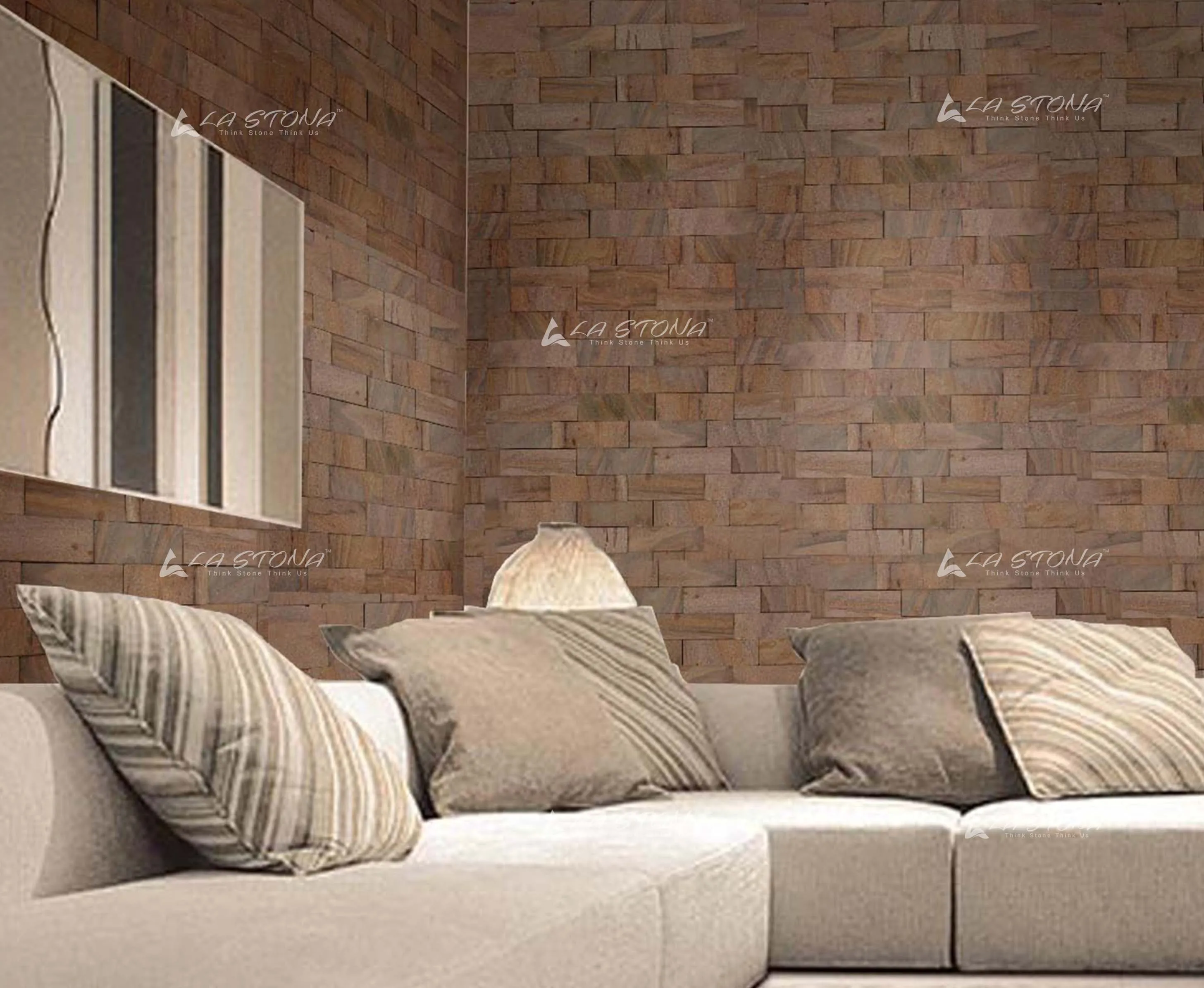 RUSSET natural stone cladding with warm walnut brown tones in an ashlar brick pattern