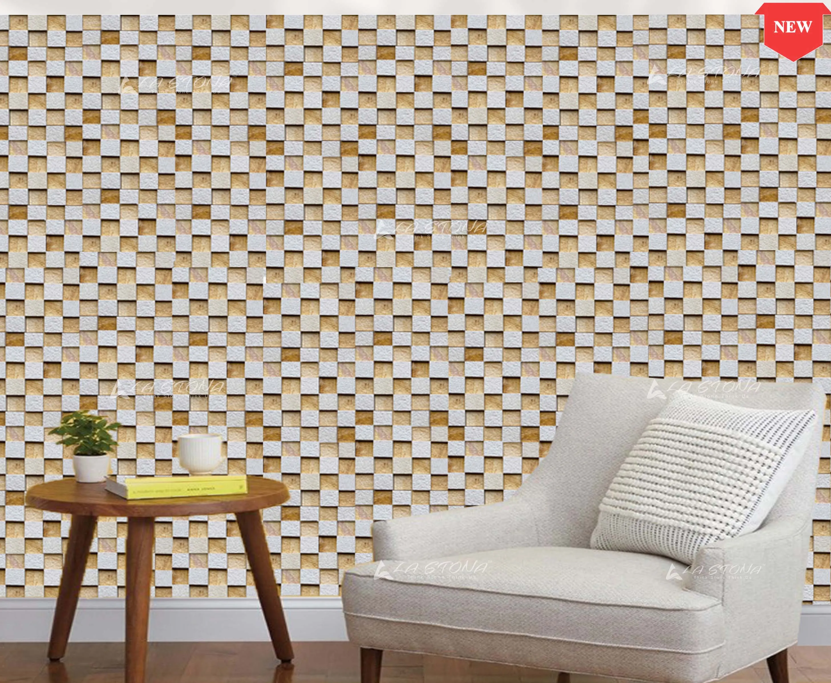 OXI MIX natural stone cladding with a 3D cube mosaic pattern in cream and golden sandstone tones