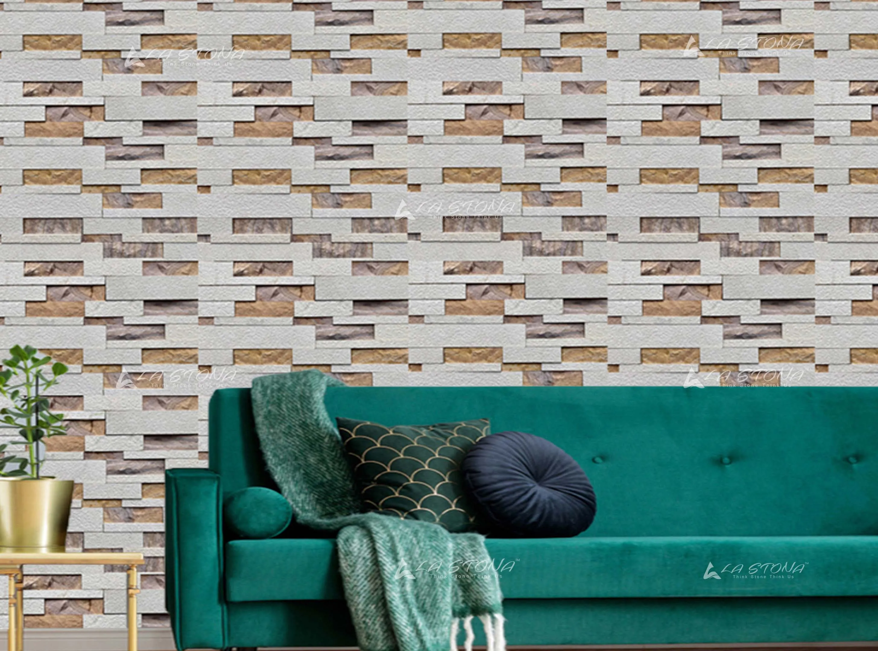 RUBY natural stone cladding with cream sandstone and multicoloured linear mosaic pattern