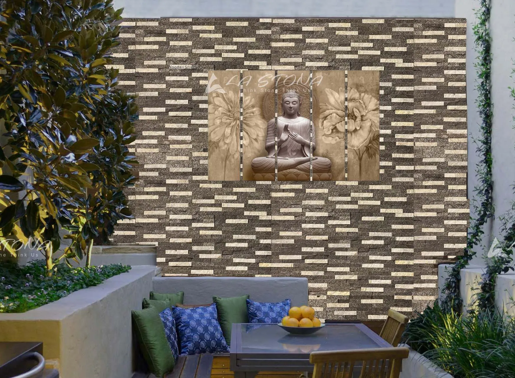 ICE SPARKLE natural stone cladding with charcoal black stone and contrasting white accent strips