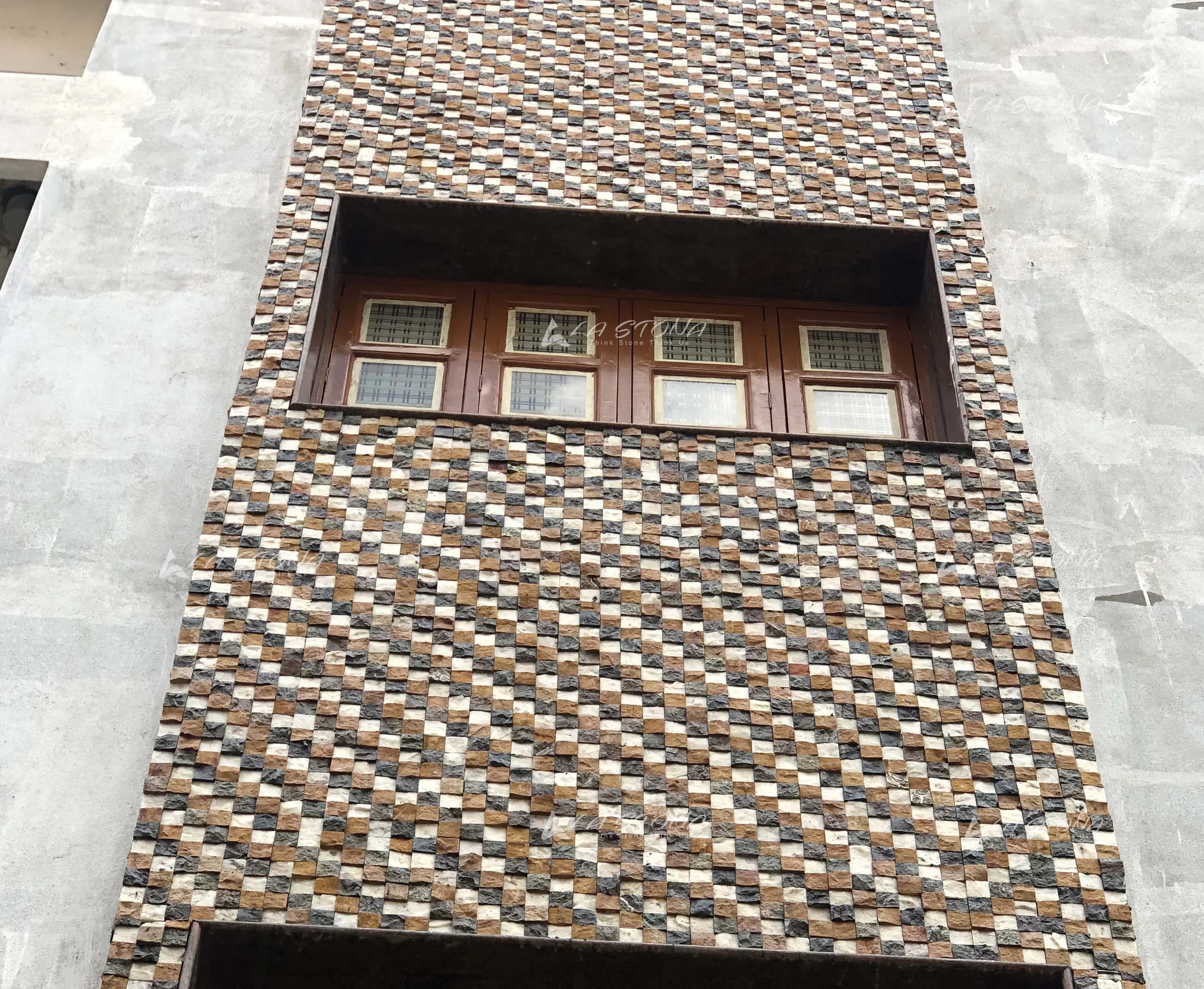 RETRO natural stone square mosaic with white marble, golden sandstone and earthy slate tones
