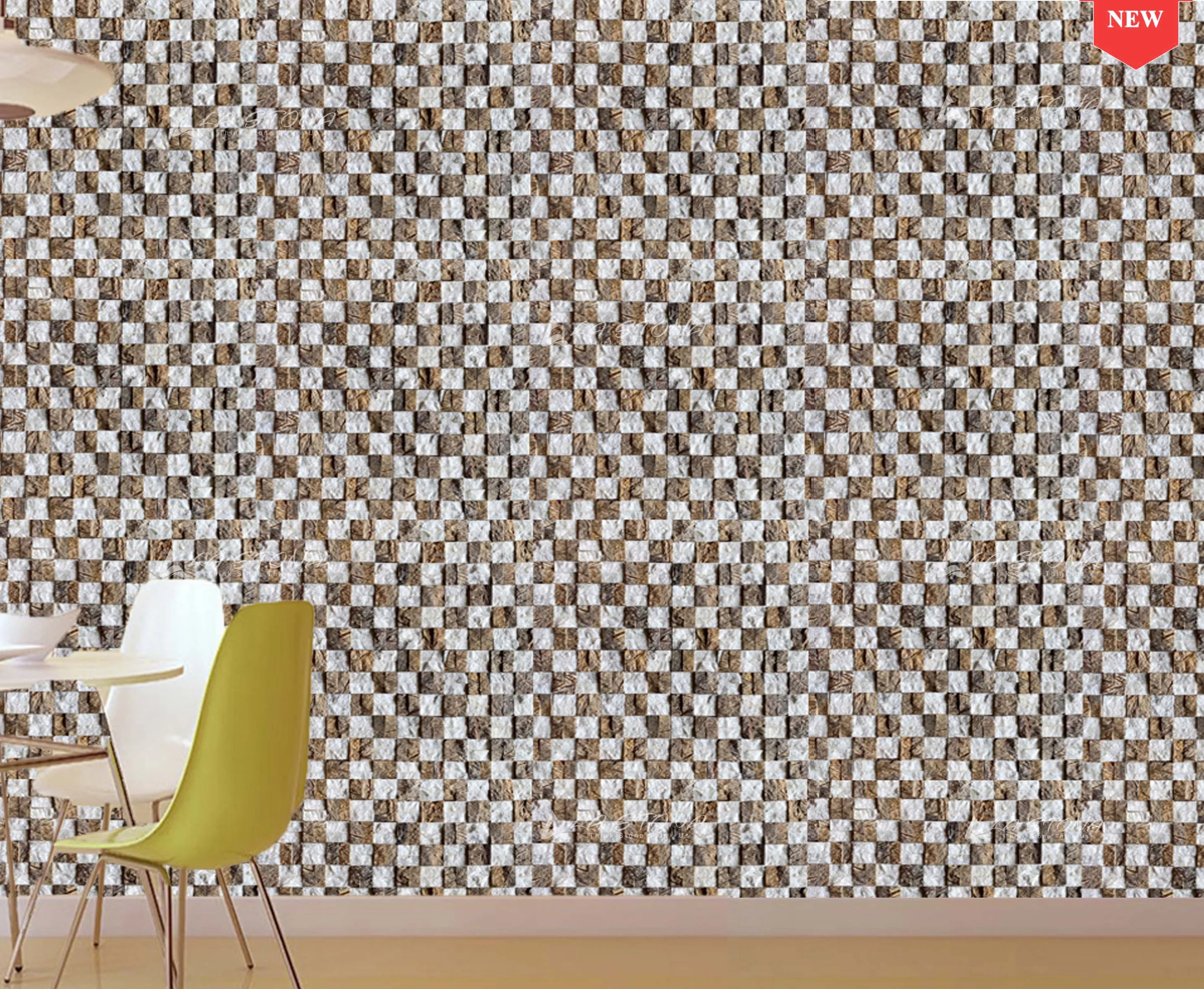 BROWN WHITE natural stone checkerboard mosaic with white marble and rust brown stone