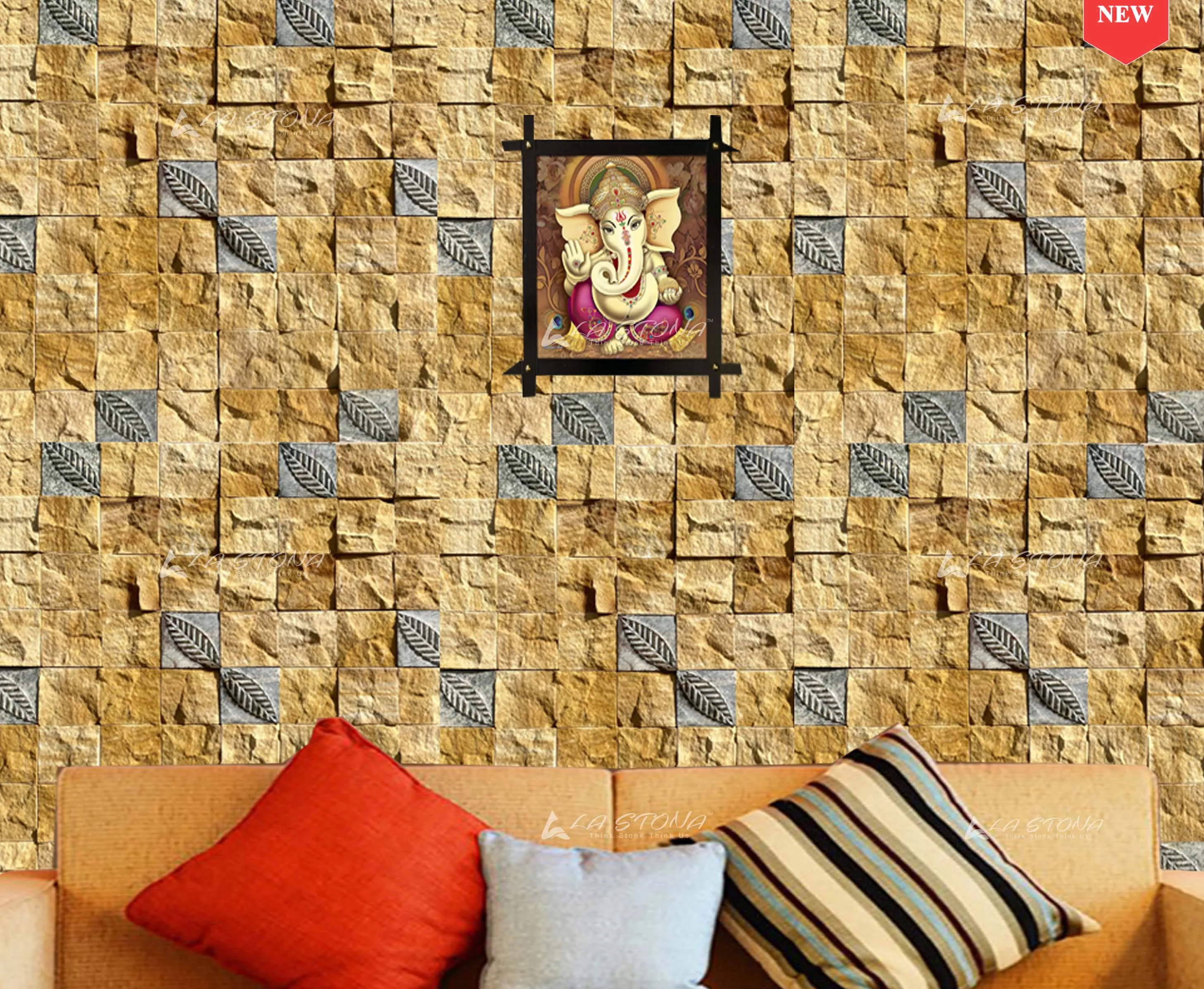 ROYAL EMRALD exclusive natural stone cladding with golden sandstone and engraved black leaf mosaic accents