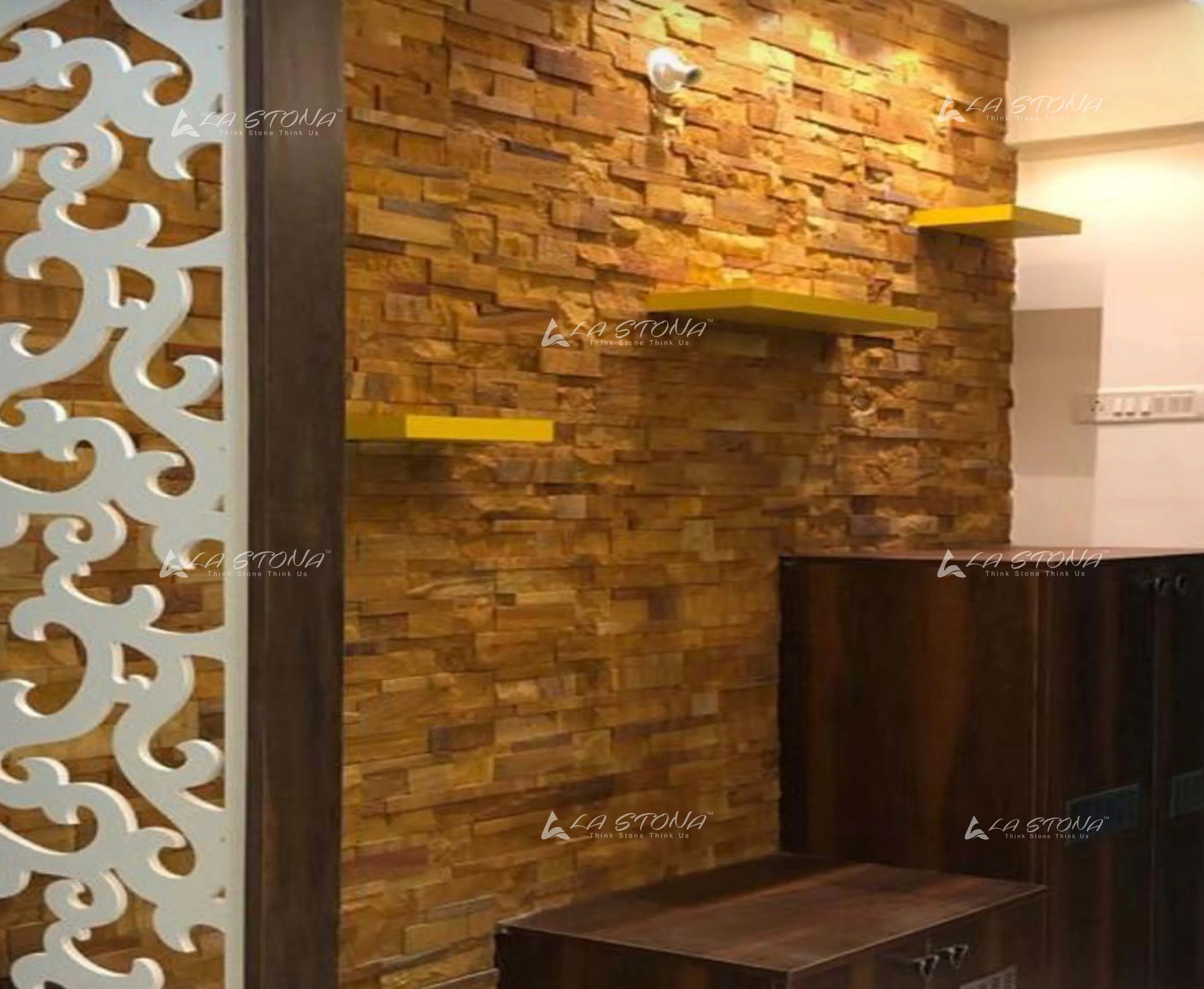 TEAK RUSTIK natural stone cladding with a 3D wood block pattern in warm teak brown tones
