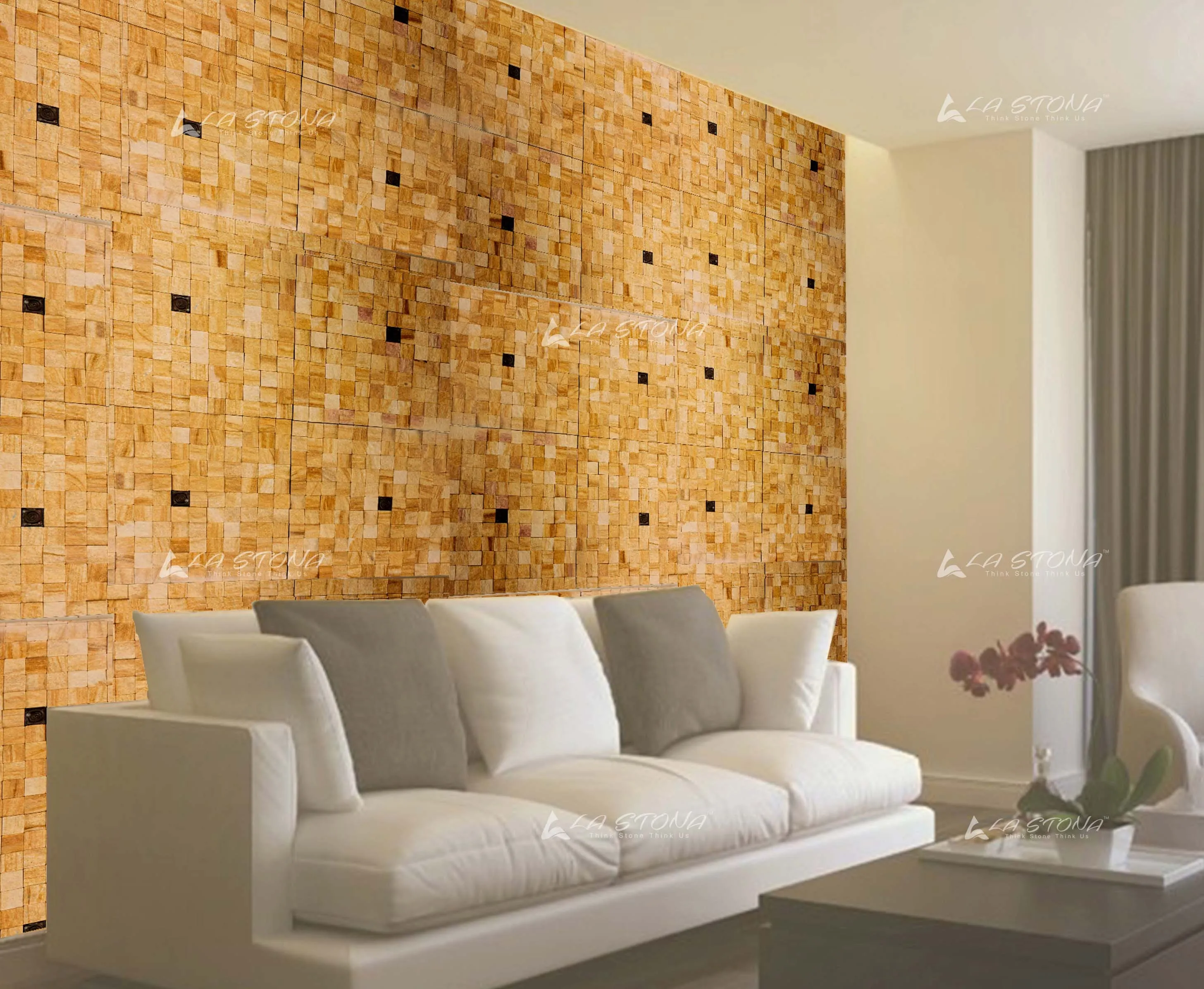 ISTRIA decorative 3D cube mosaic wall panel with golden sandstone cubes and bronze accent inserts