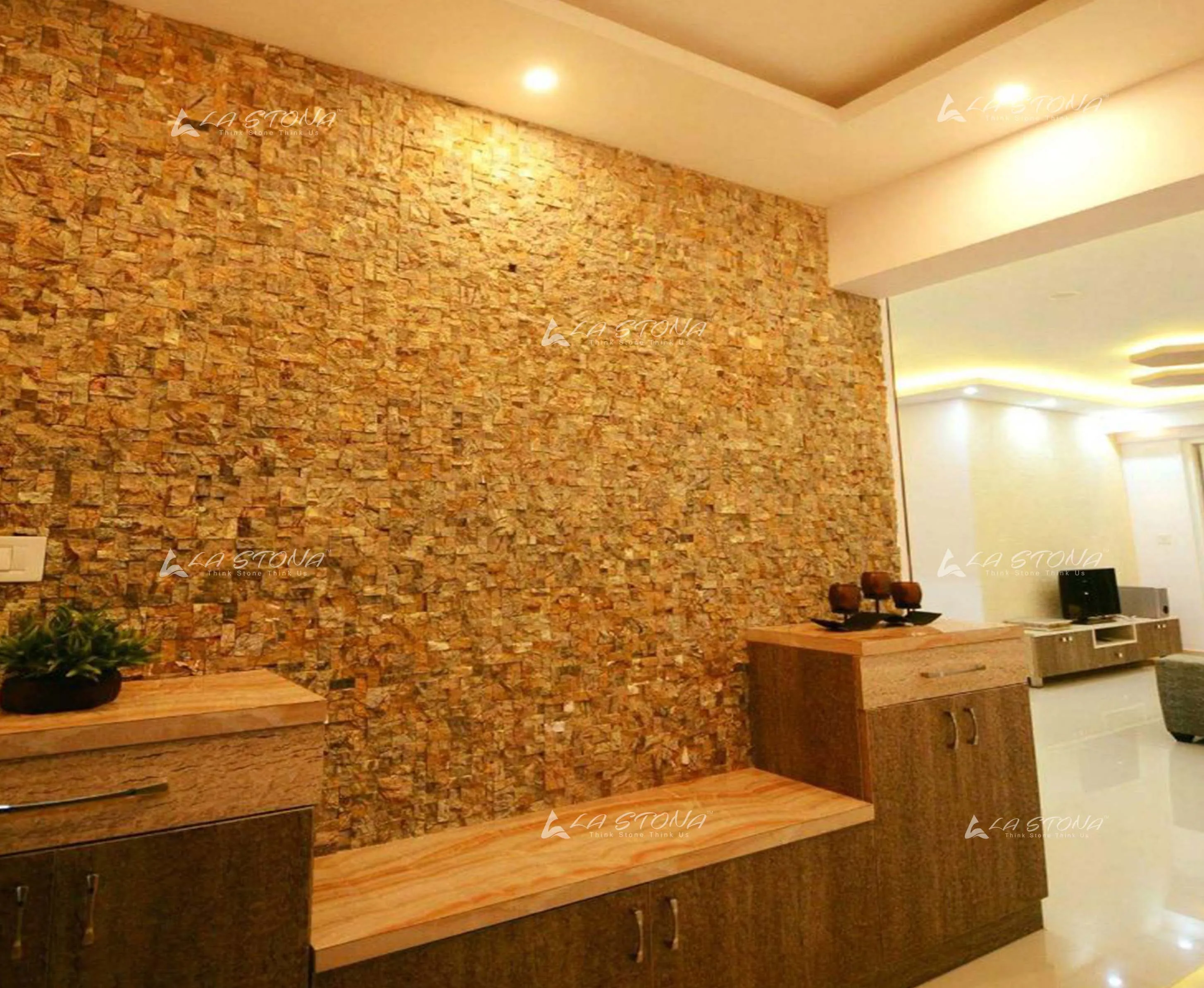AMAZON BROWN natural stone cladding with caramel brown and golden sandstone tones in a random ashlar mosaic