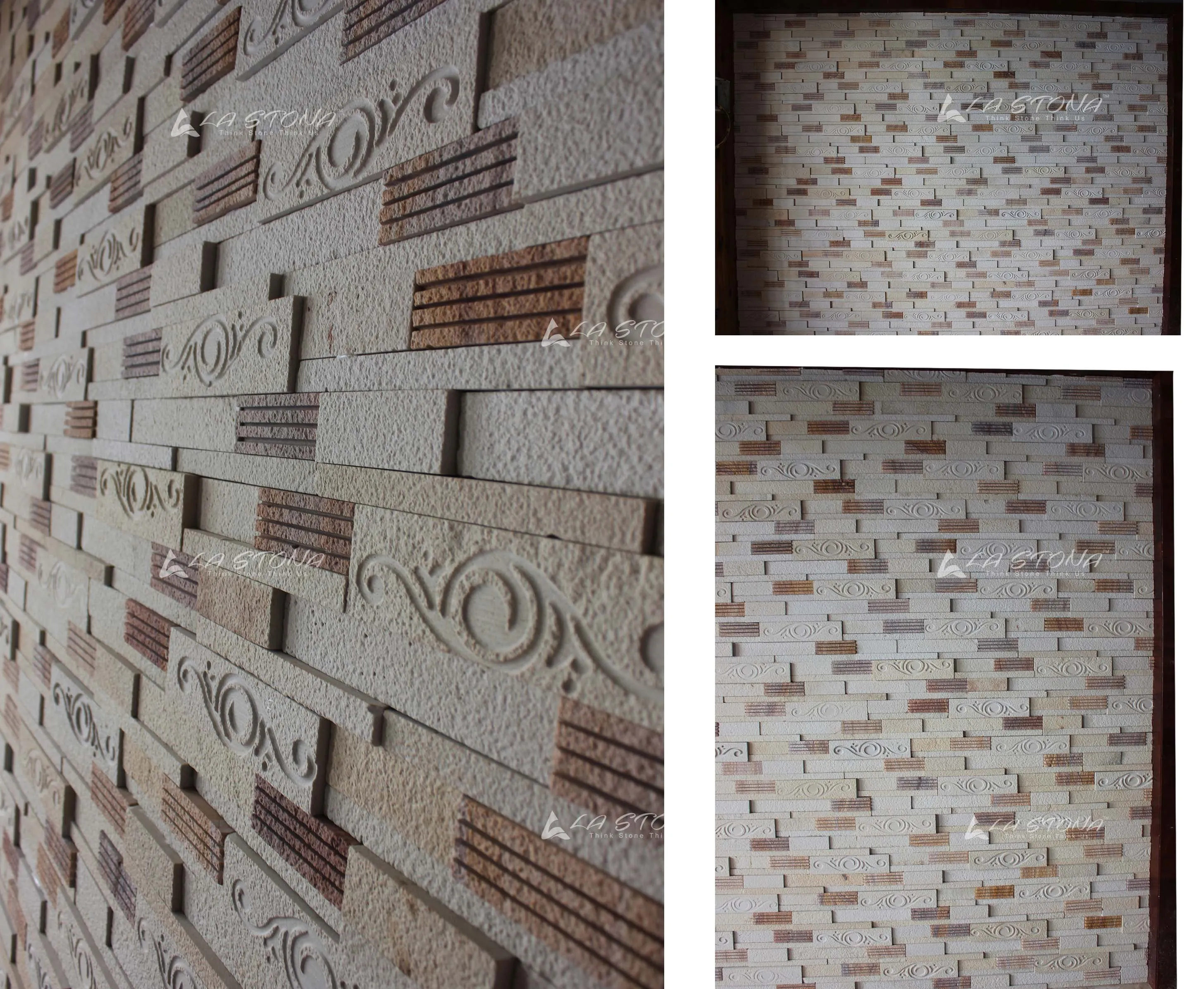 SILVER EYE exclusive decorative stone panel with engraved ornamental patterns in ivory and silver beige tones