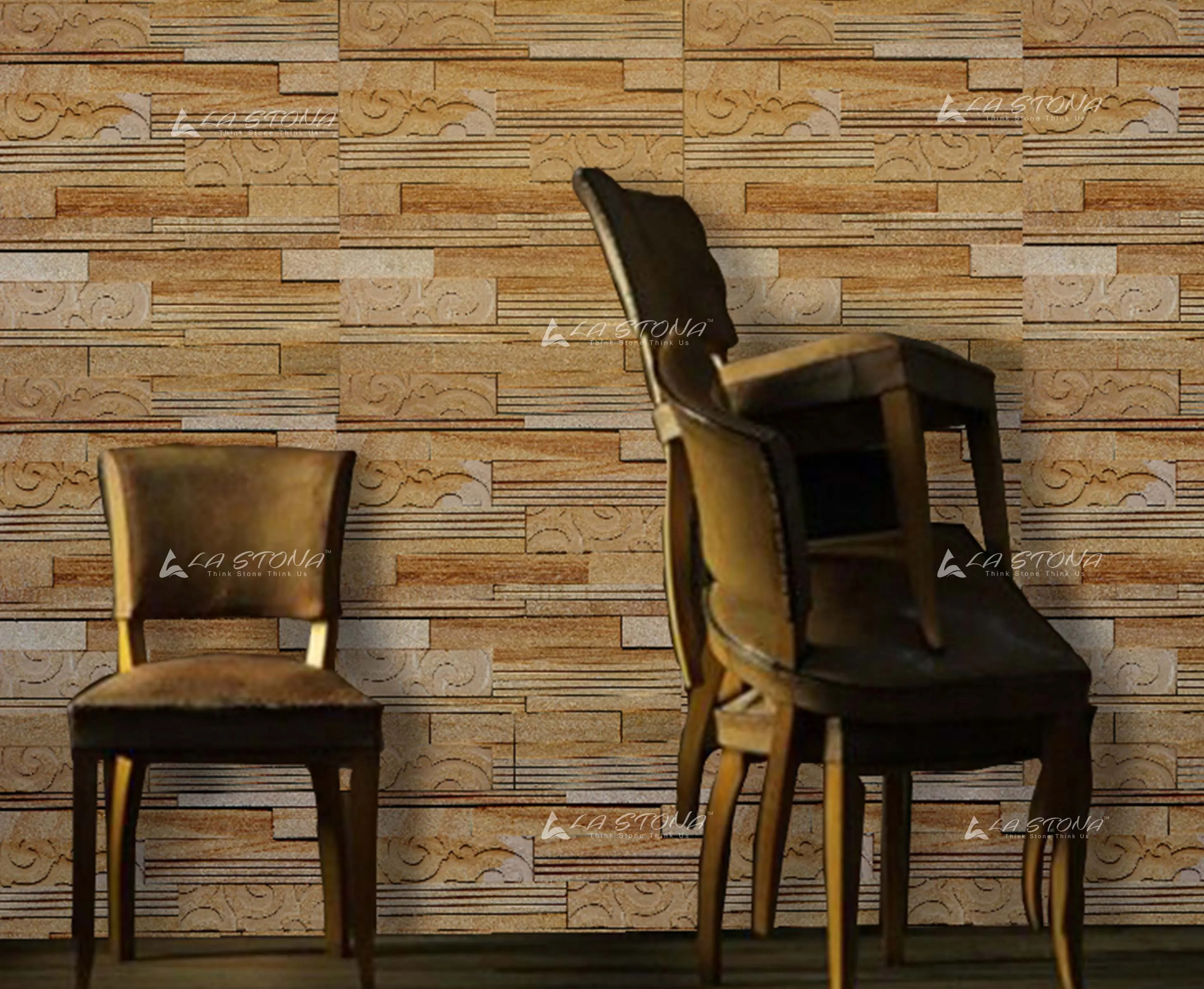 SPIRAL OAK exclusive decorative stone panel with engraved spiral motifs in warm golden sandstone tones