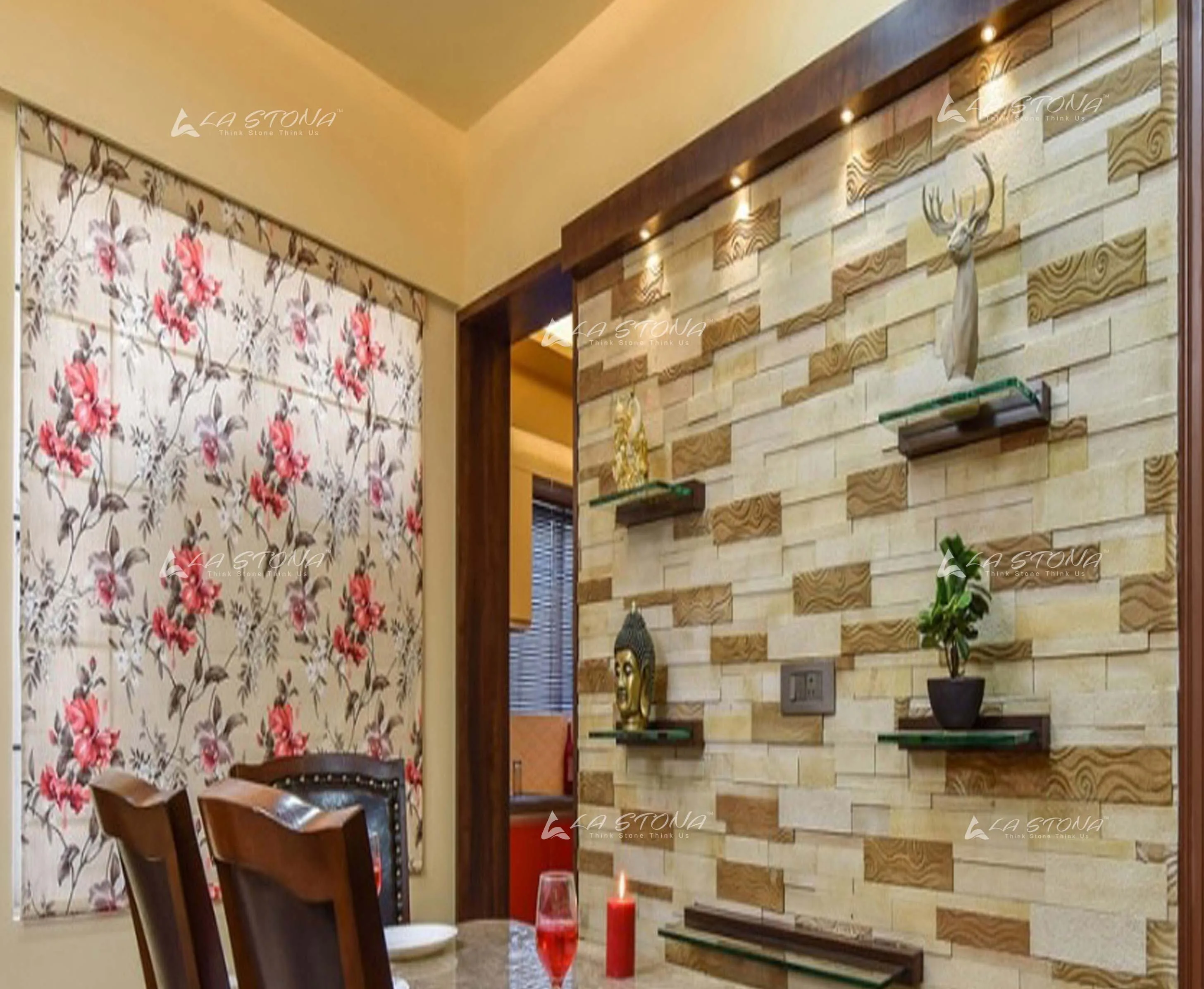 SMOKY MUSK exclusive decorative stone panel with smoky beige tones and wood-grain engraved accents