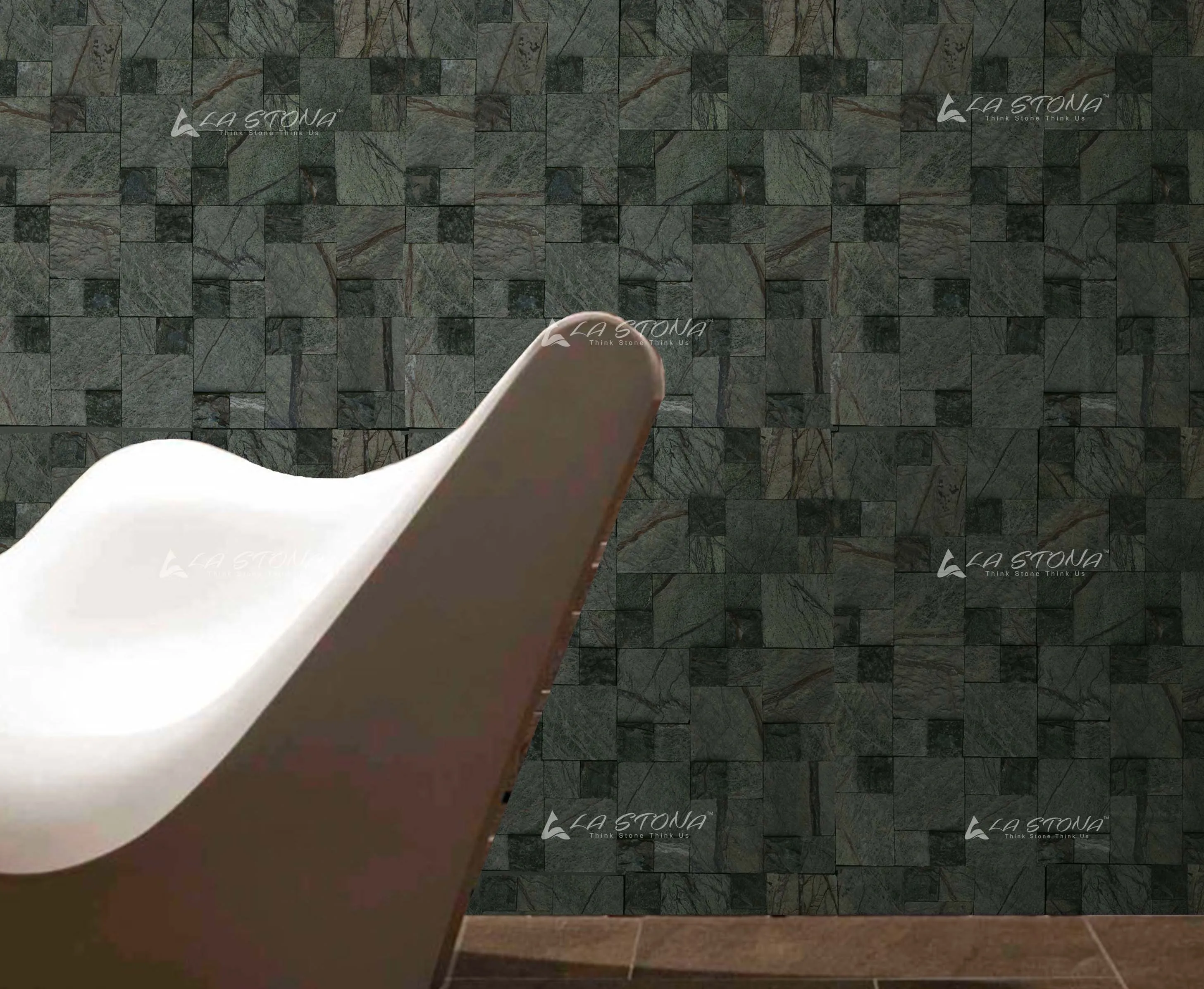 CASTEL ROCK natural stone cladding with forest green and slate grey tones in a handcrafted random ashlar mosaic