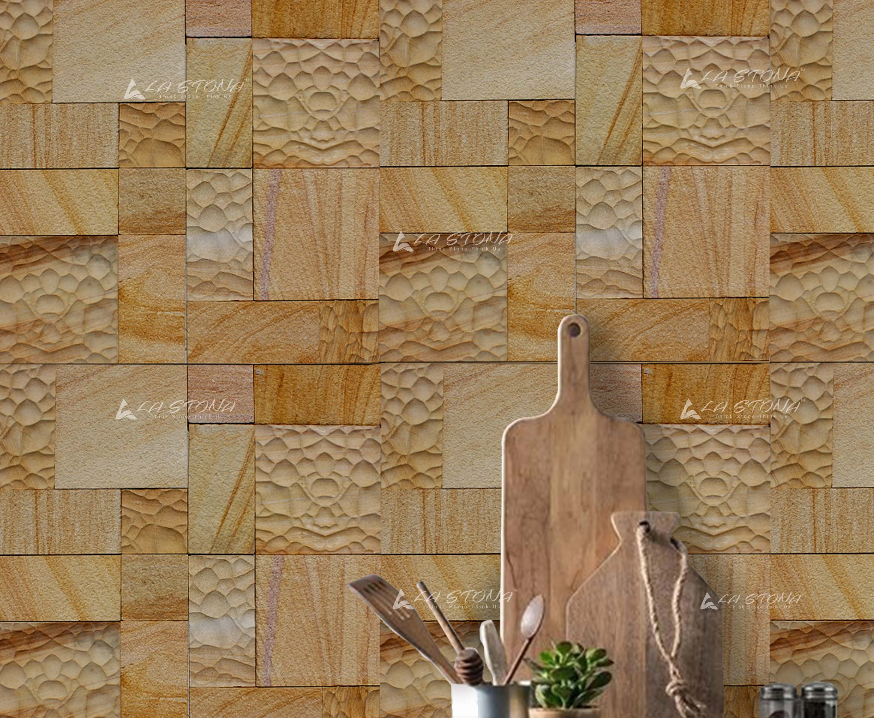 HONEY COMB exclusive decorative sandstone wall panel with textured honeycomb blocks in warm honey gold tones