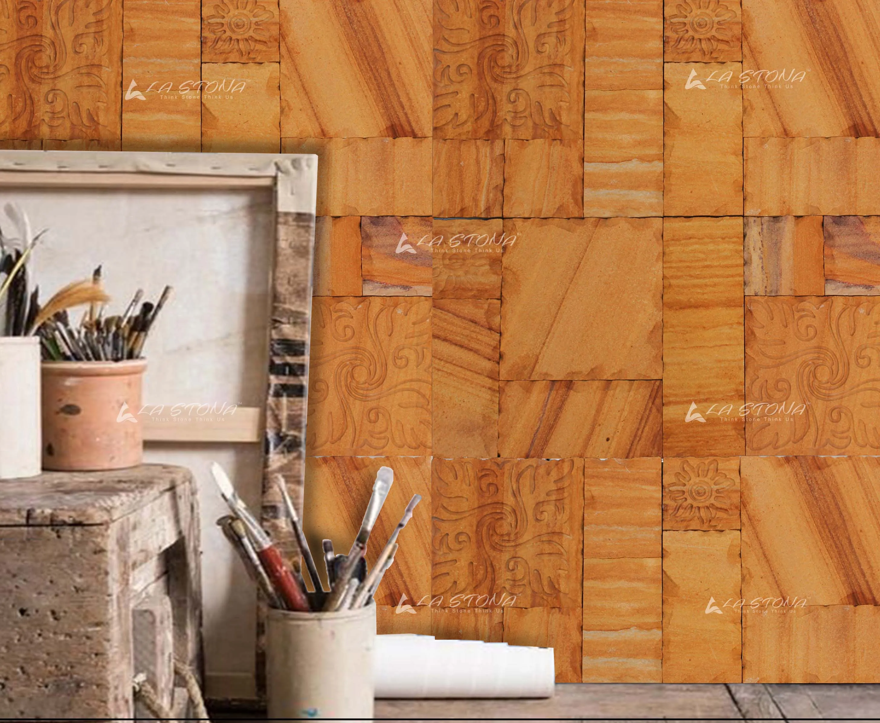 TITAN exclusive decorative sandstone wall panel with engraved floral motifs in warm golden tones