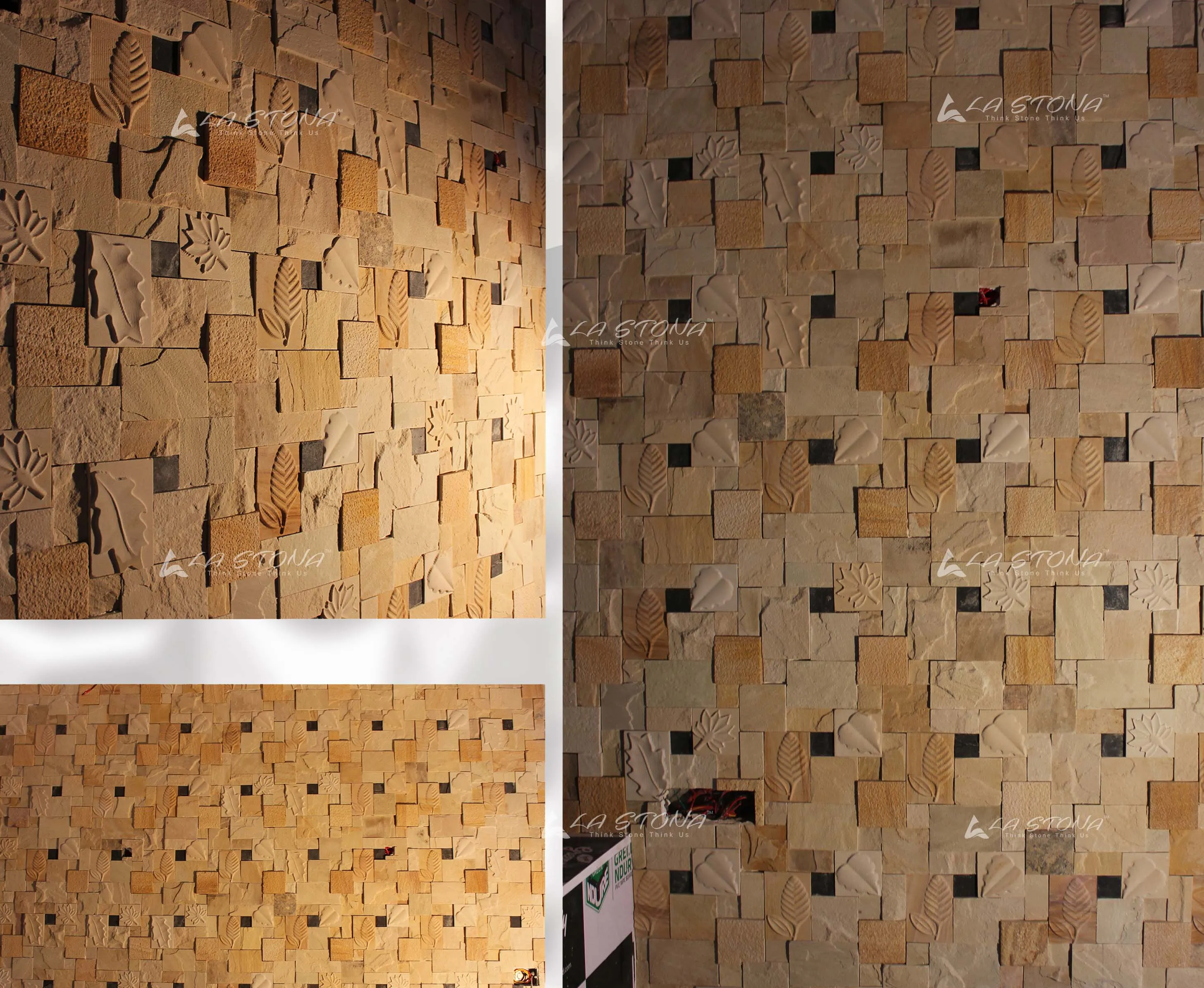 AWESOME exclusive decorative sandstone wall panel with carved wave textures and charcoal accent inserts