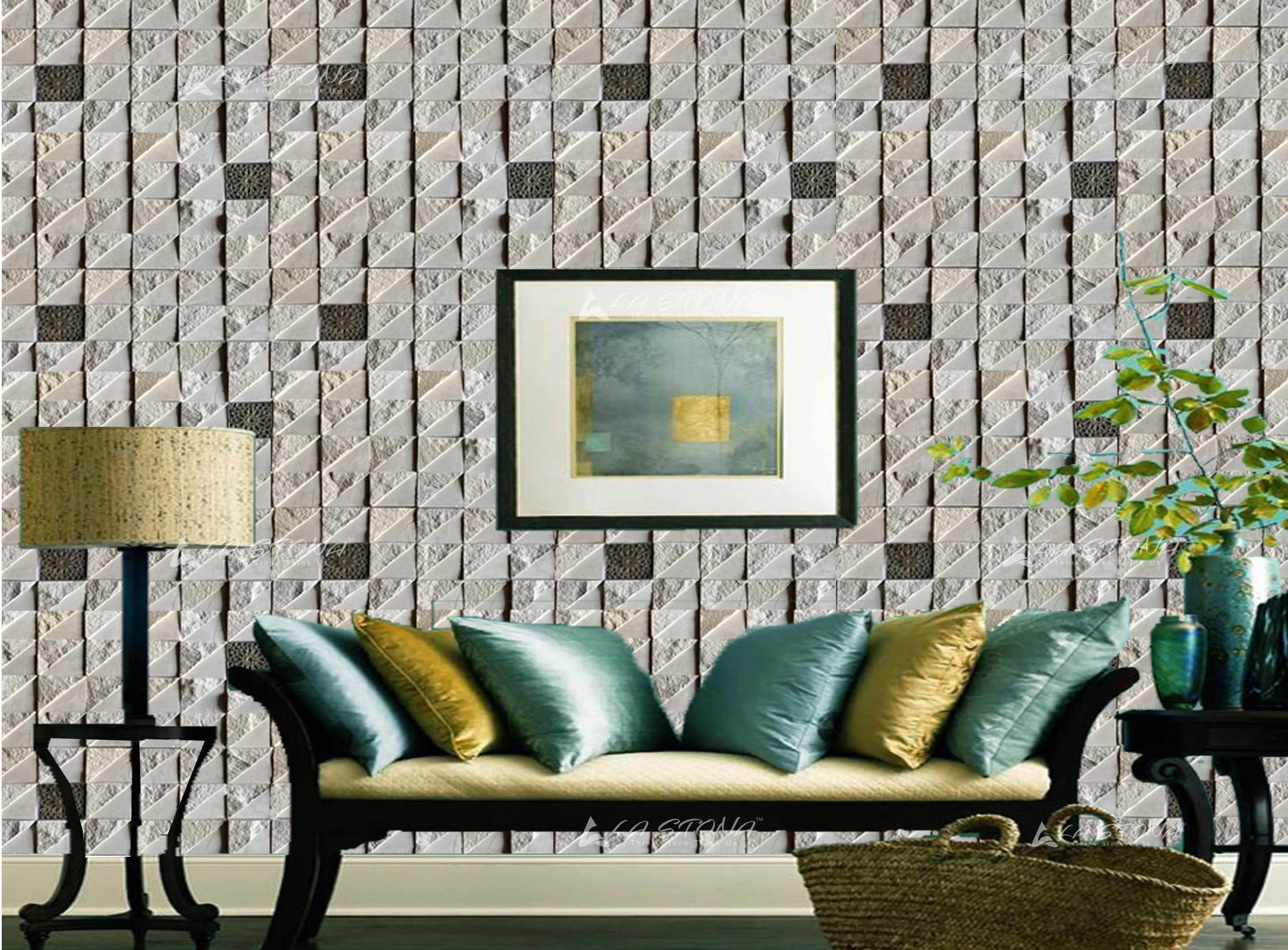 SPRING BEIGE decorative 3D geometric square mosaic wall panel in cream beige with charcoal metallic accents