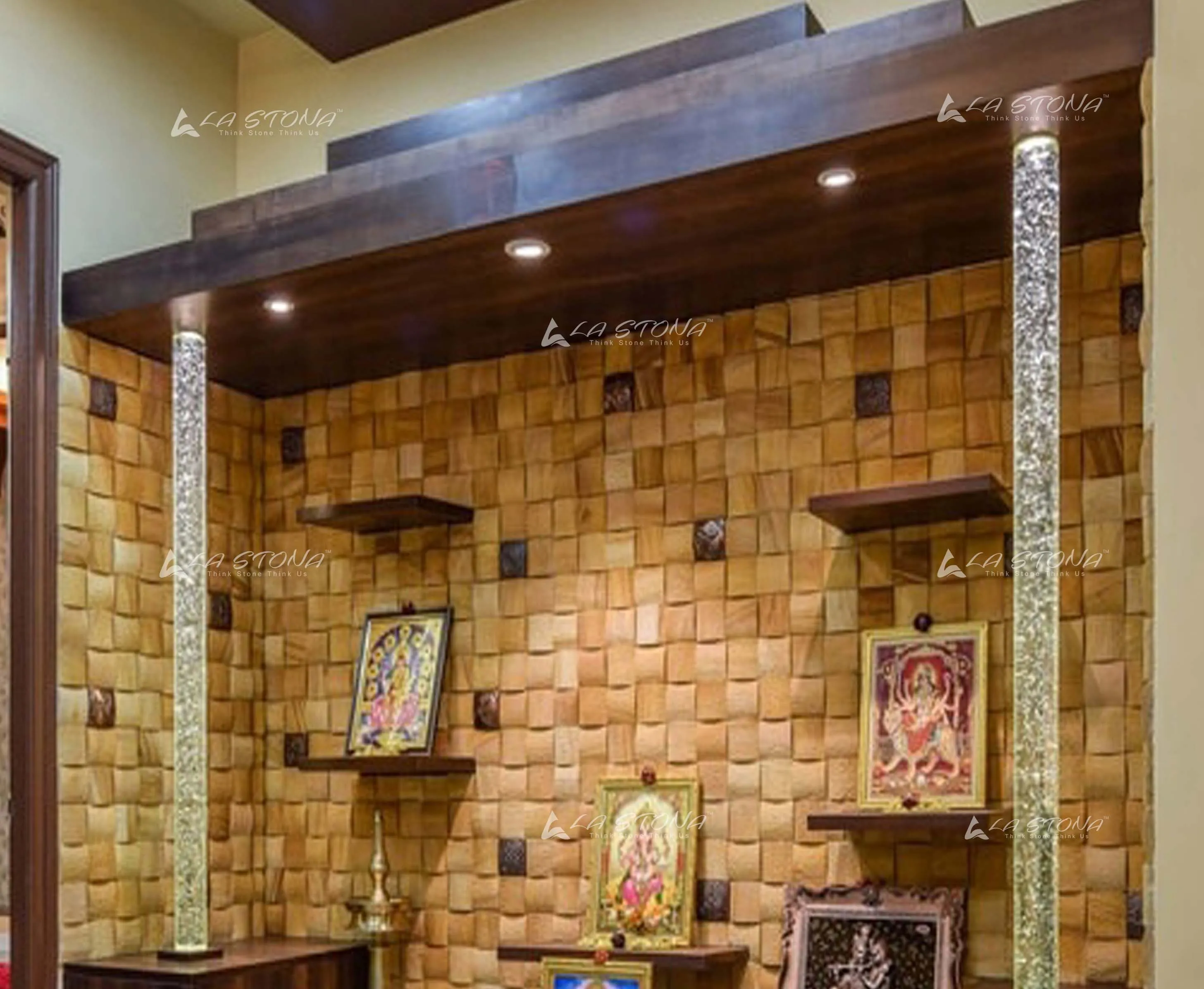 GOLDEN SHELL decorative 3D cube mosaic wall panel with golden sandstone blocks and bronze metallic accent inserts