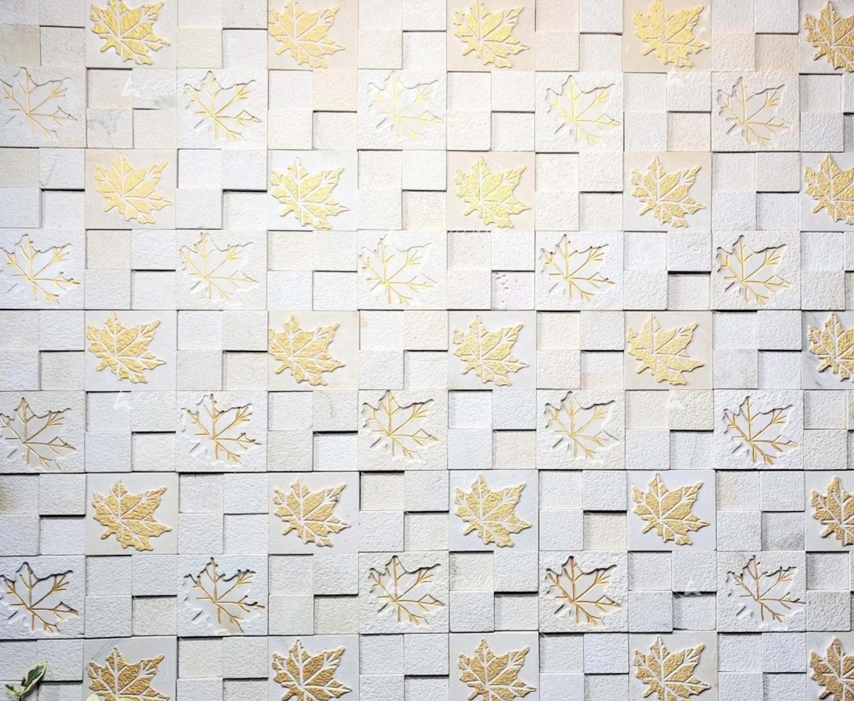 GOLDEN MAPLE exclusive decorative stone mosaic with golden maple leaf inlays on cream beige natural stone