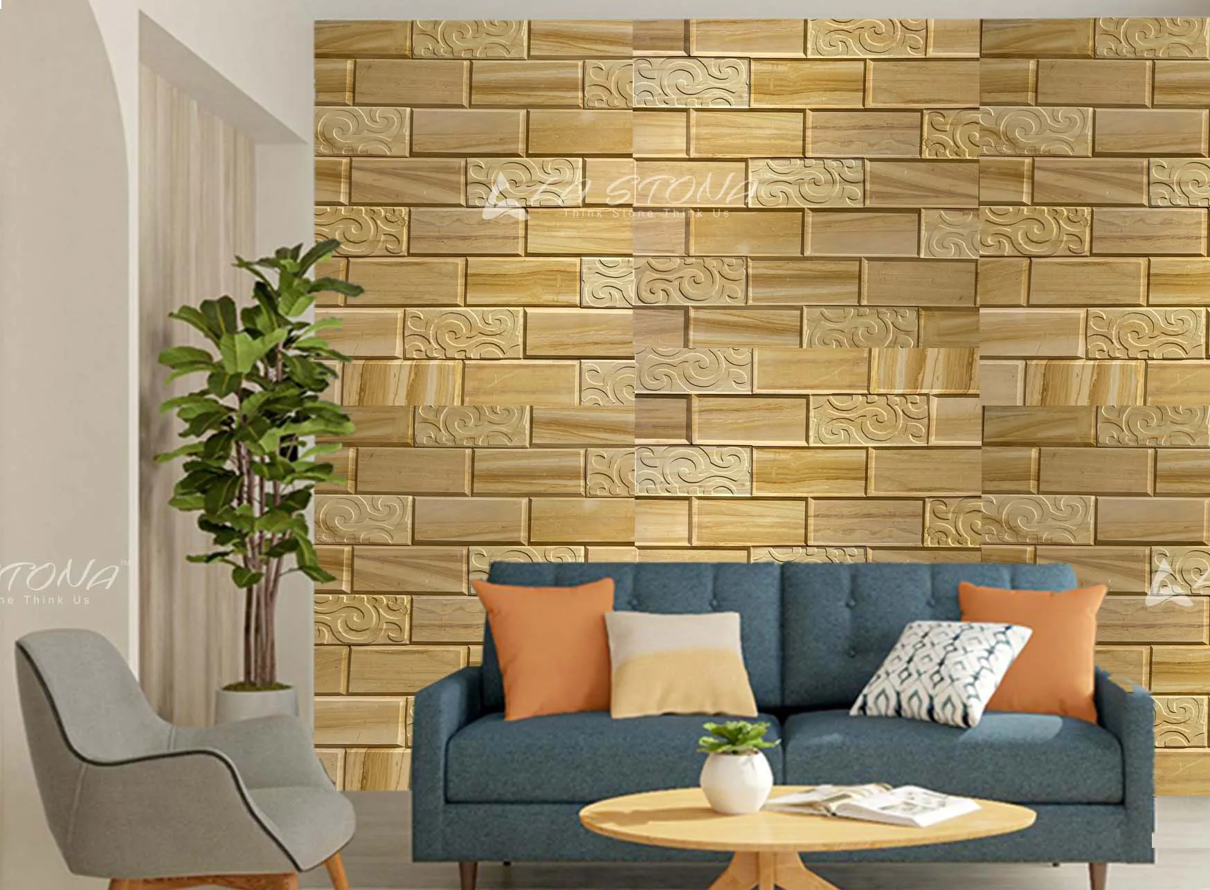 ISLAND OAK natural stone cladding with engraved spiral motifs in warm oak gold sandstone