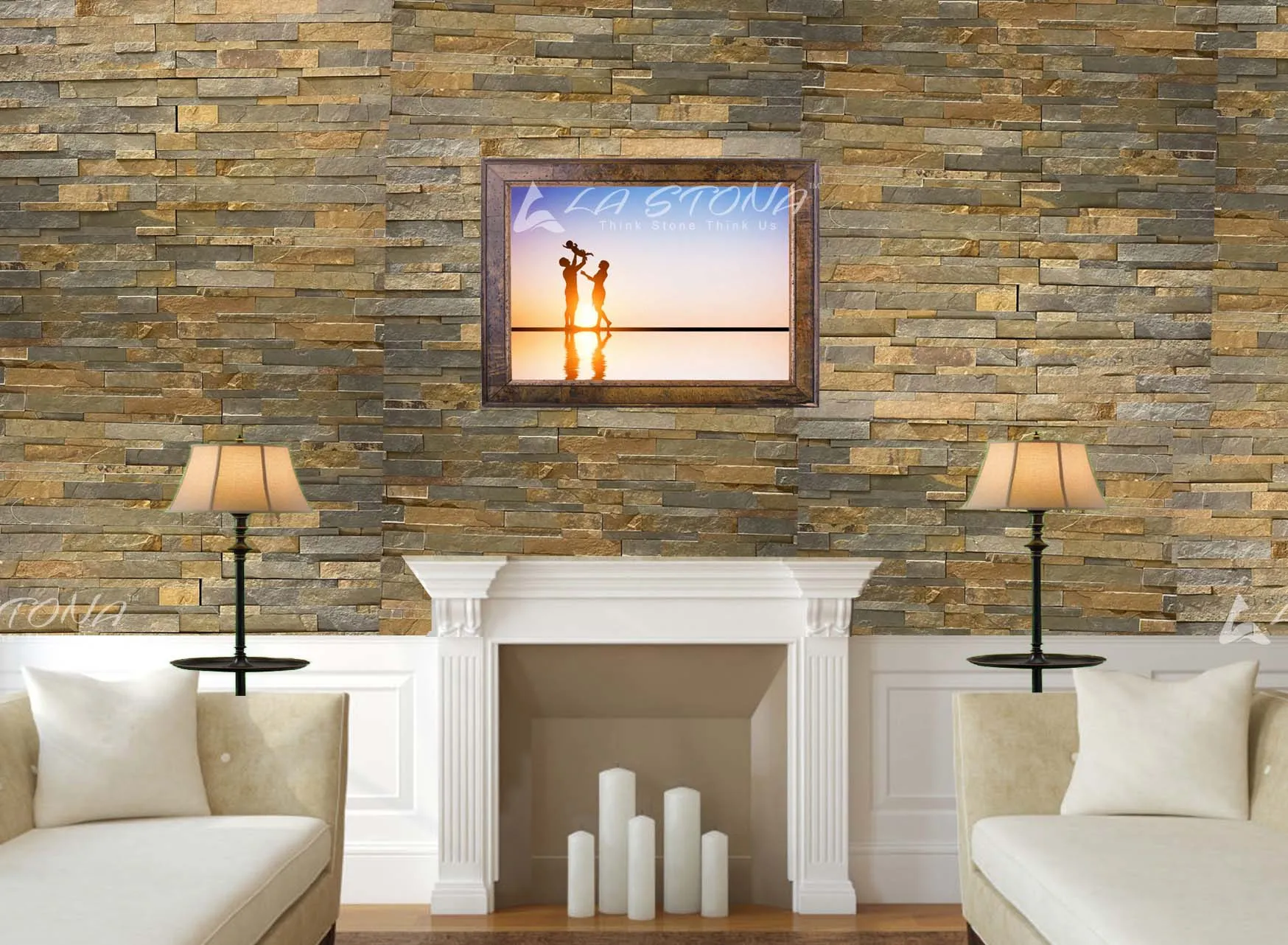 RUSTIC GREEN natural stacked stone cladding with olive green, slate grey and earthy rust tones in a split-face linear design