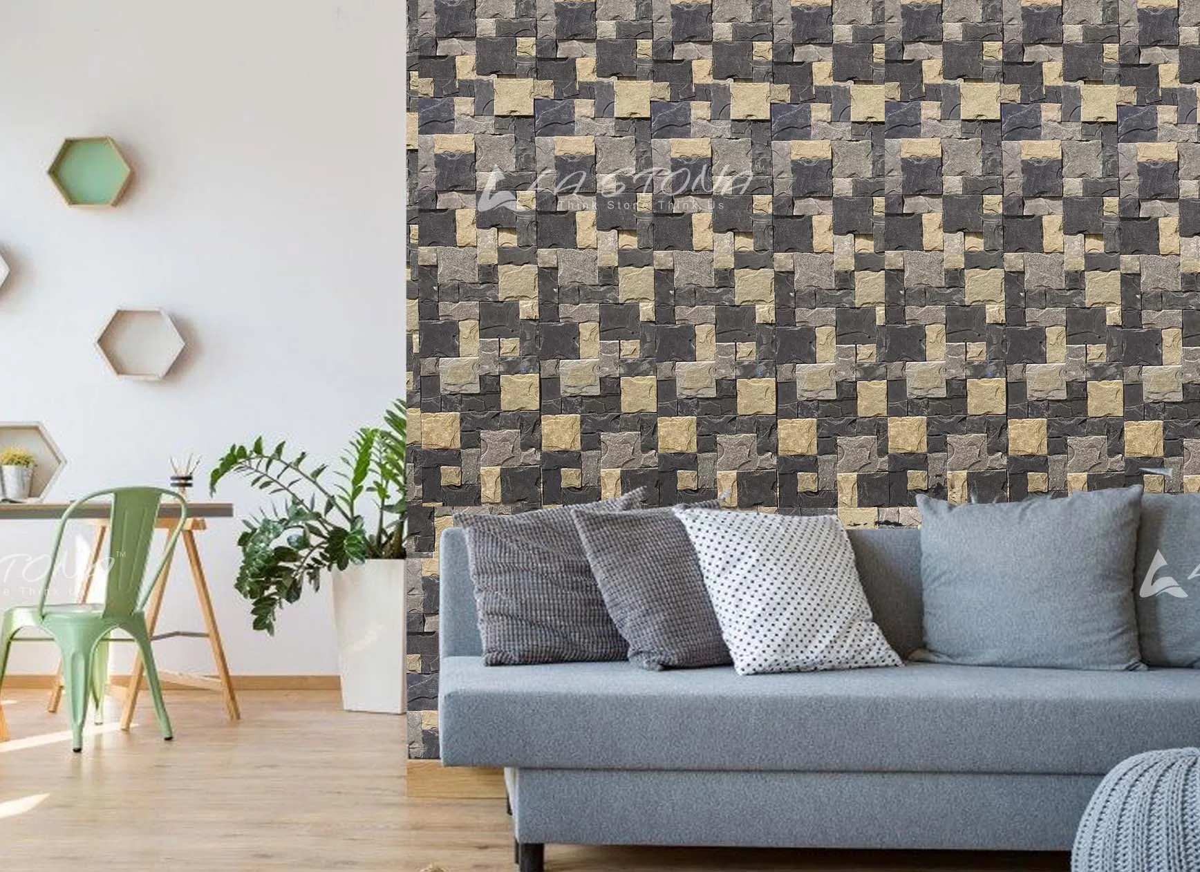 ROMAN GREEN natural stone cladding with random ashlar mosaic in cream, taupe and earthy brown tones
