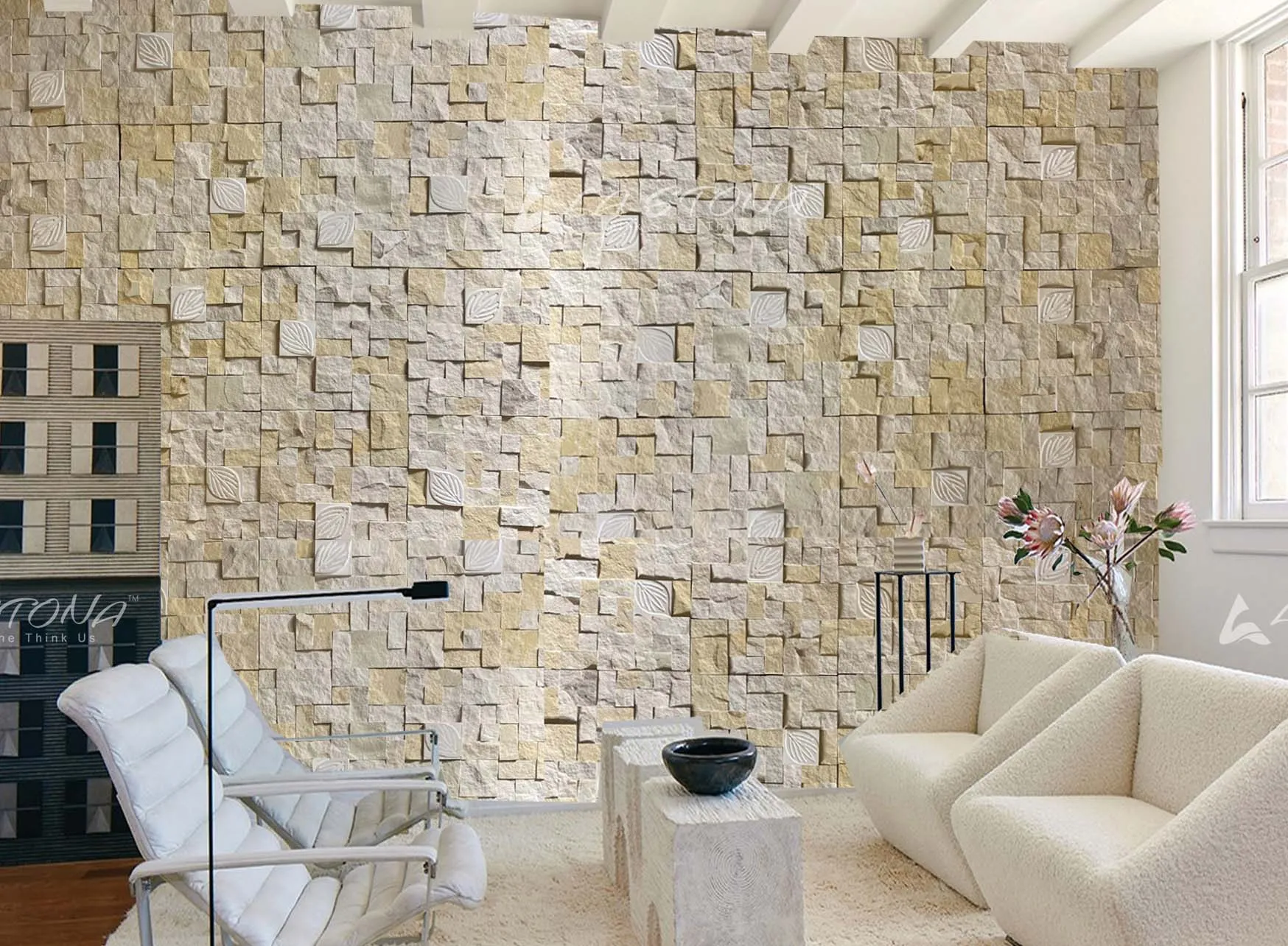 ASPEN exclusive natural stone wall cladding with ivory geometric ashlar mosaic and engraved leaf accents