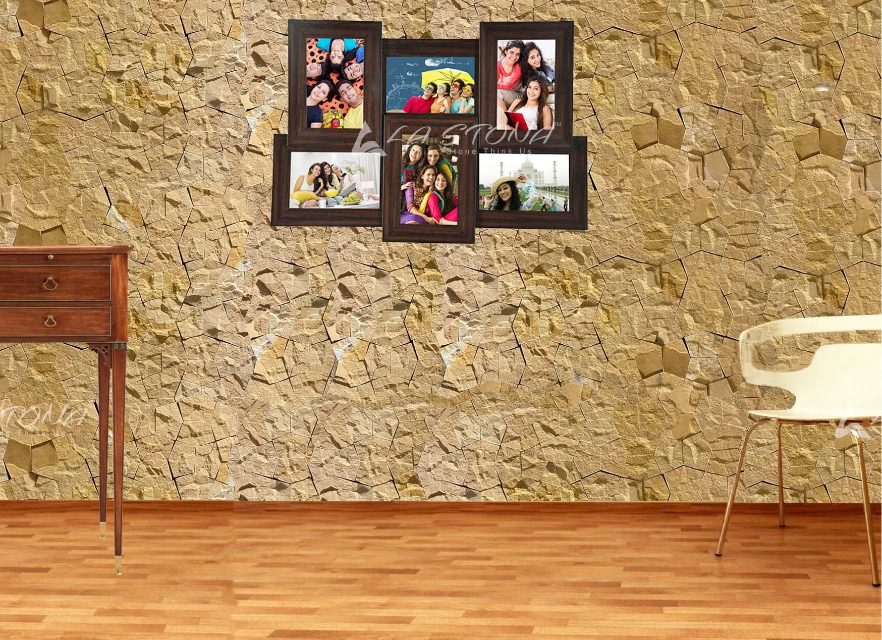 ROCK STAR YELLOW natural stone cladding with a three-dimensional fractured rock mosaic in golden yellow sandstone
