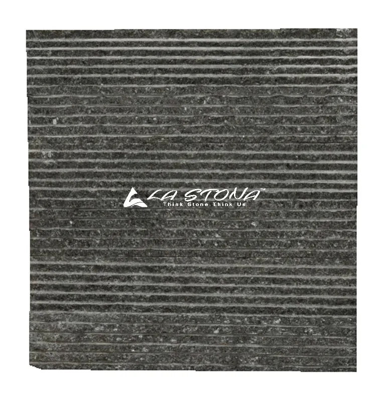 CARBON BLACK natural stone cladding with horizontal grooved charcoal texture