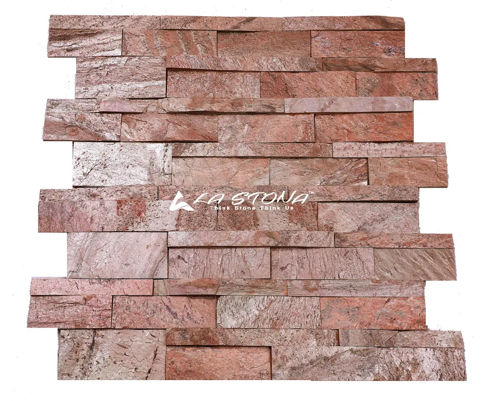 VALENCIA stacked natural stone cladding in warm rose and beige tones