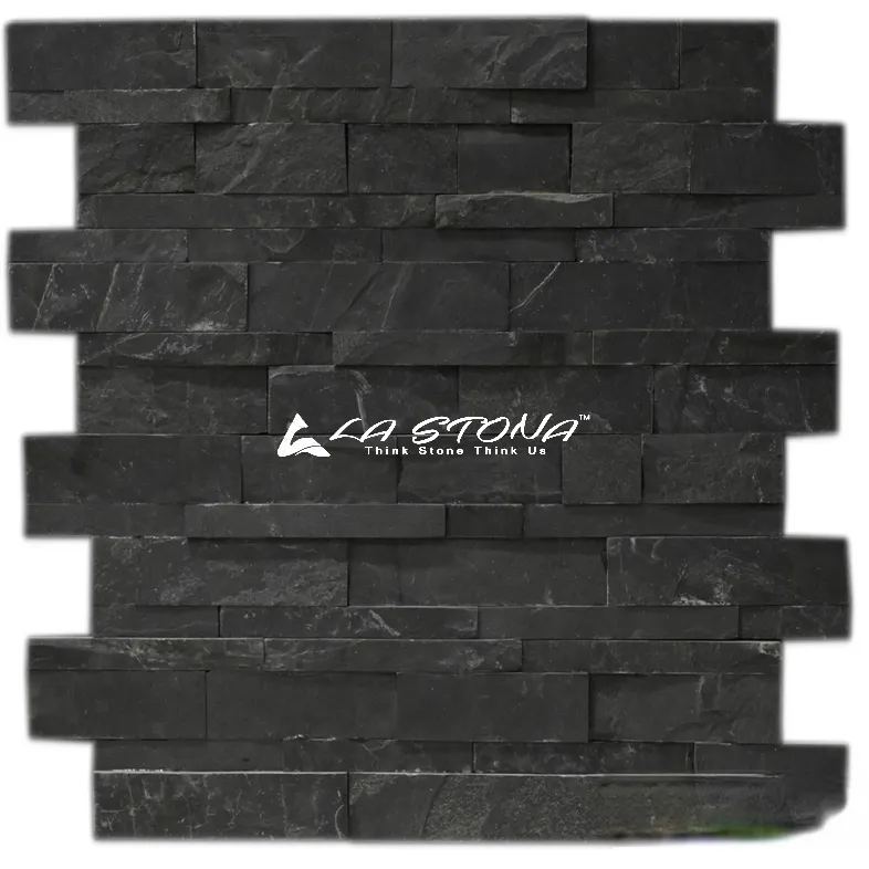 CHARCOAL BLACK stacked natural stone cladding in deep charcoal tones