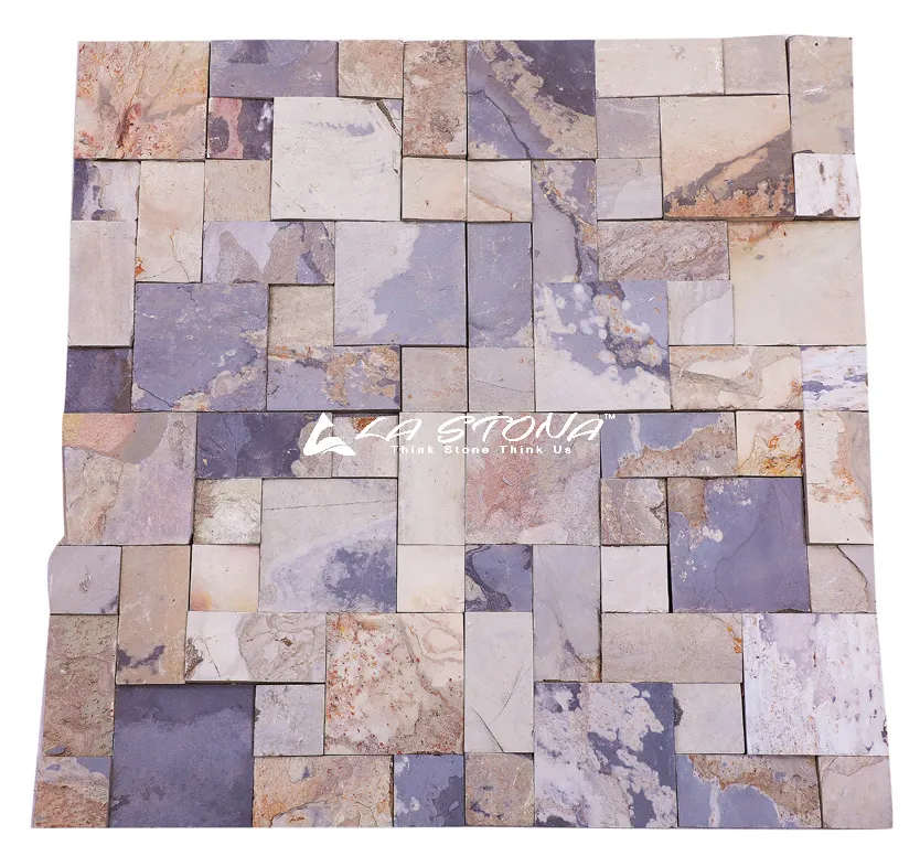 AUTUMN natural stone cladding in an ashlar pattern with slate blue and cream tones