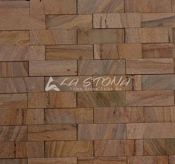 RUSSET natural stone cladding with warm walnut brown tones in an ashlar brick pattern