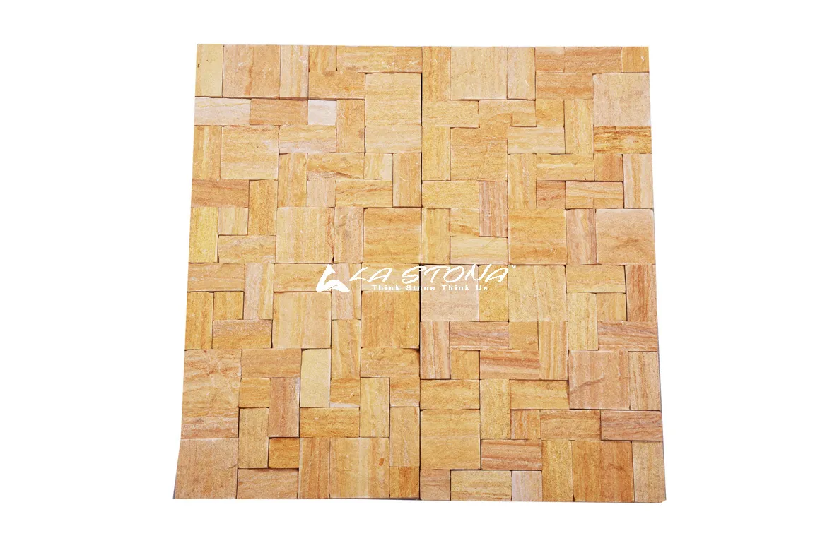 GOLDEN ROCK natural stone cladding in a parquet pattern with warm golden sandstone tones