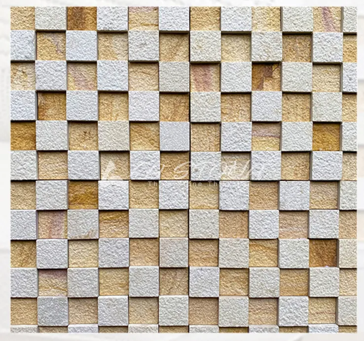 OXI MIX natural stone cladding with a 3D cube mosaic pattern in cream and golden sandstone tones